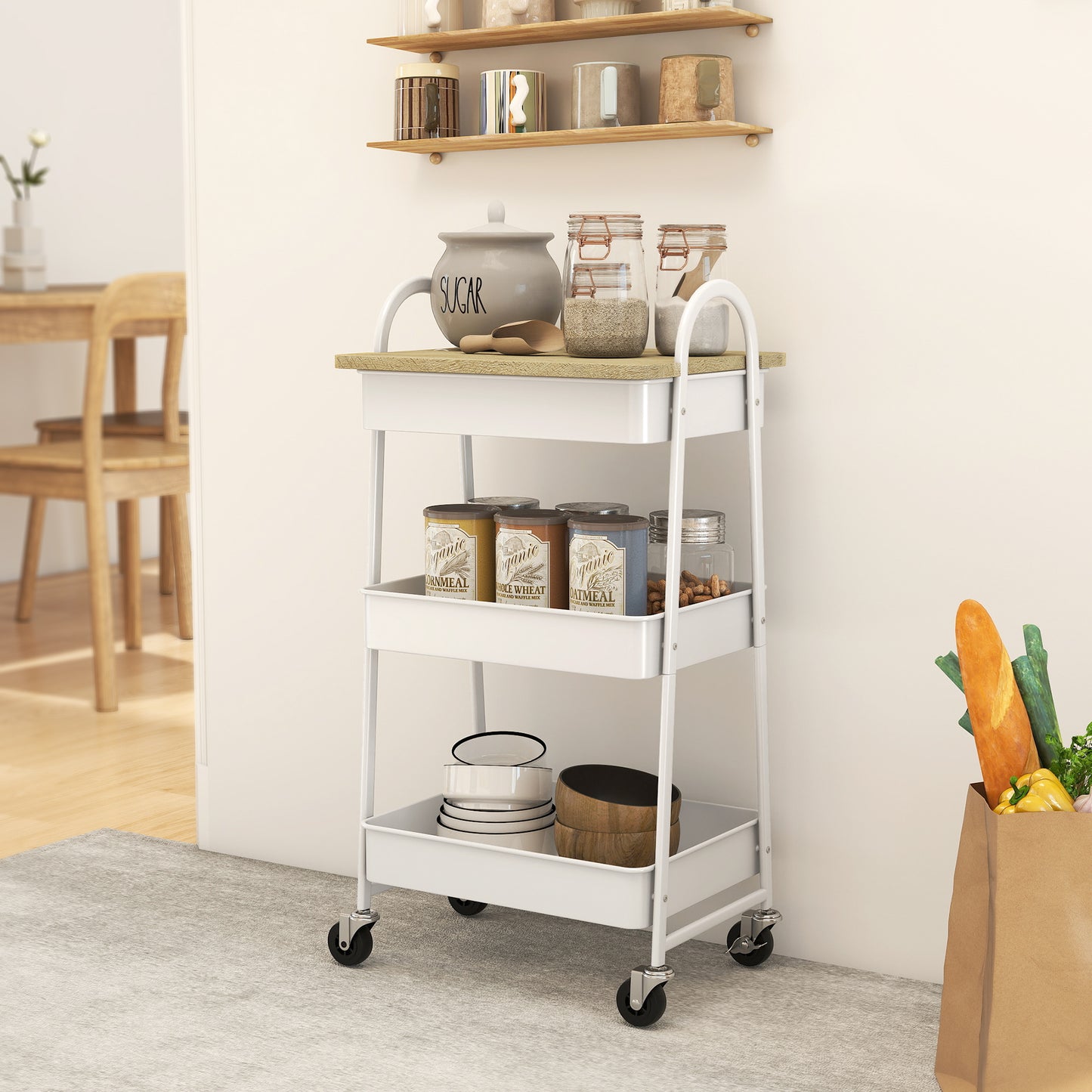 HOMCOM 3-Tier Kitchen Storage Trolley On Wheels With Cover Top Board White And Oak