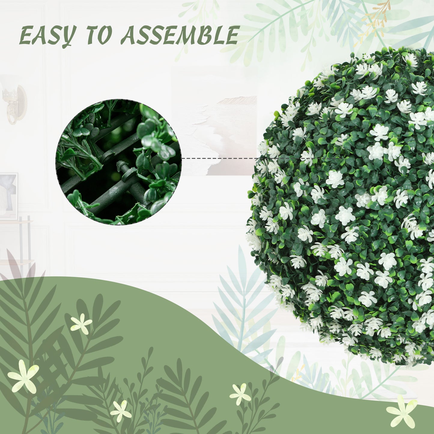 HOMCOM Set of Two Artificial Boxwood Balls White for Indoor or Outdoor Decor Realistic Thick Plastic