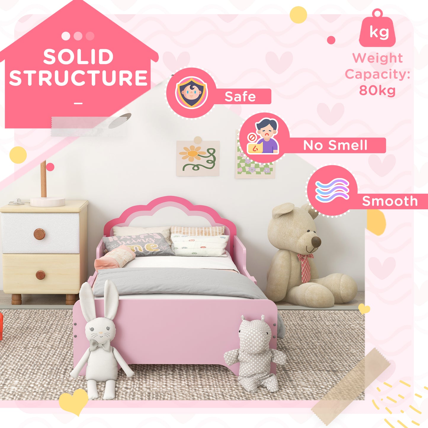 ZONEKIZ Pink Cloud Toddler Bed Frame, Princess-Themed Kids Bed, Compact Design for Small Spaces, 143 x 74 x 55 cm - ALL4U RETAILER LTD