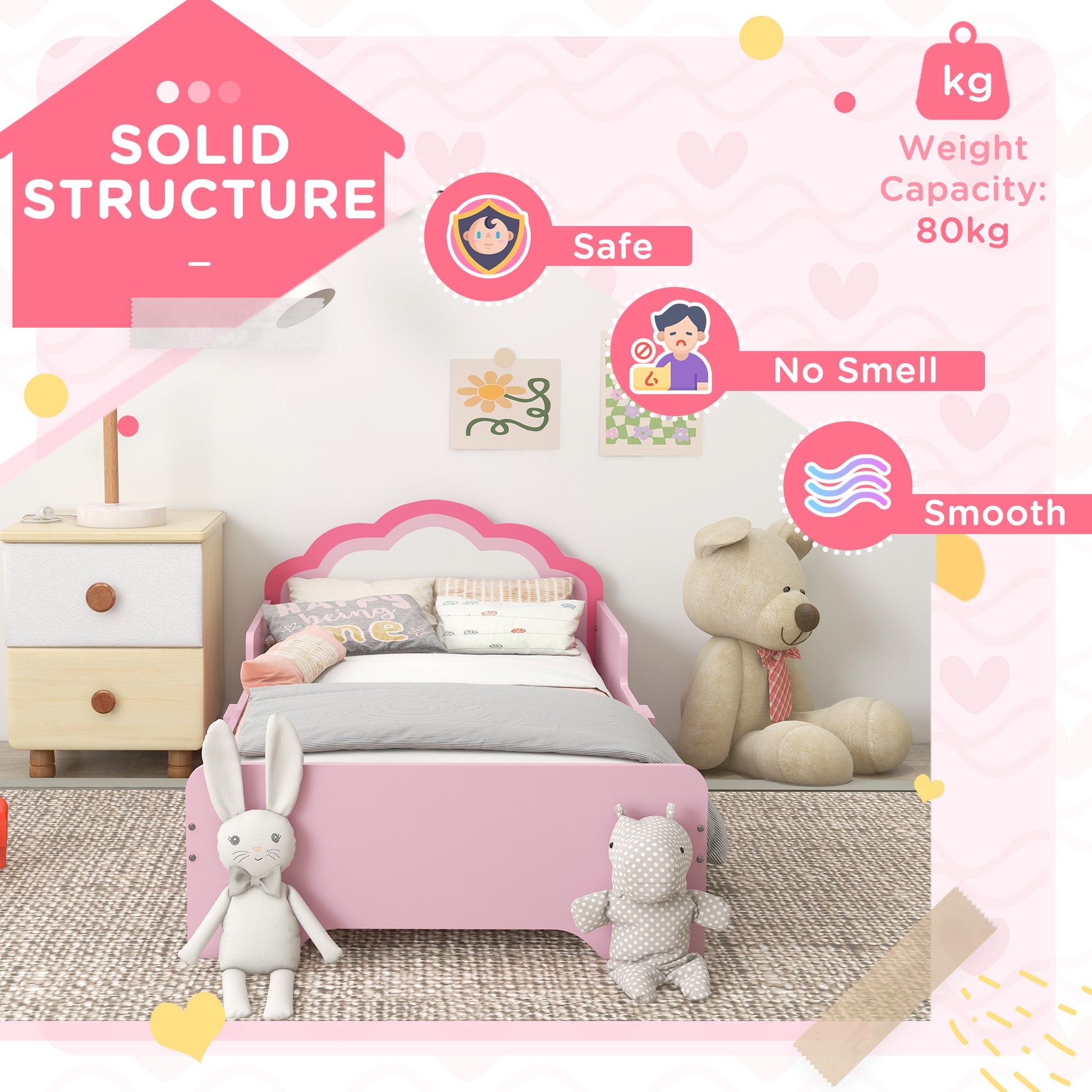 ZONEKIZ Pink Cloud Toddler Bed Frame, Princess-Themed Kids Bed, Compact Design for Small Spaces, 143 x 74 x 55 cm - ALL4U RETAILER LTD