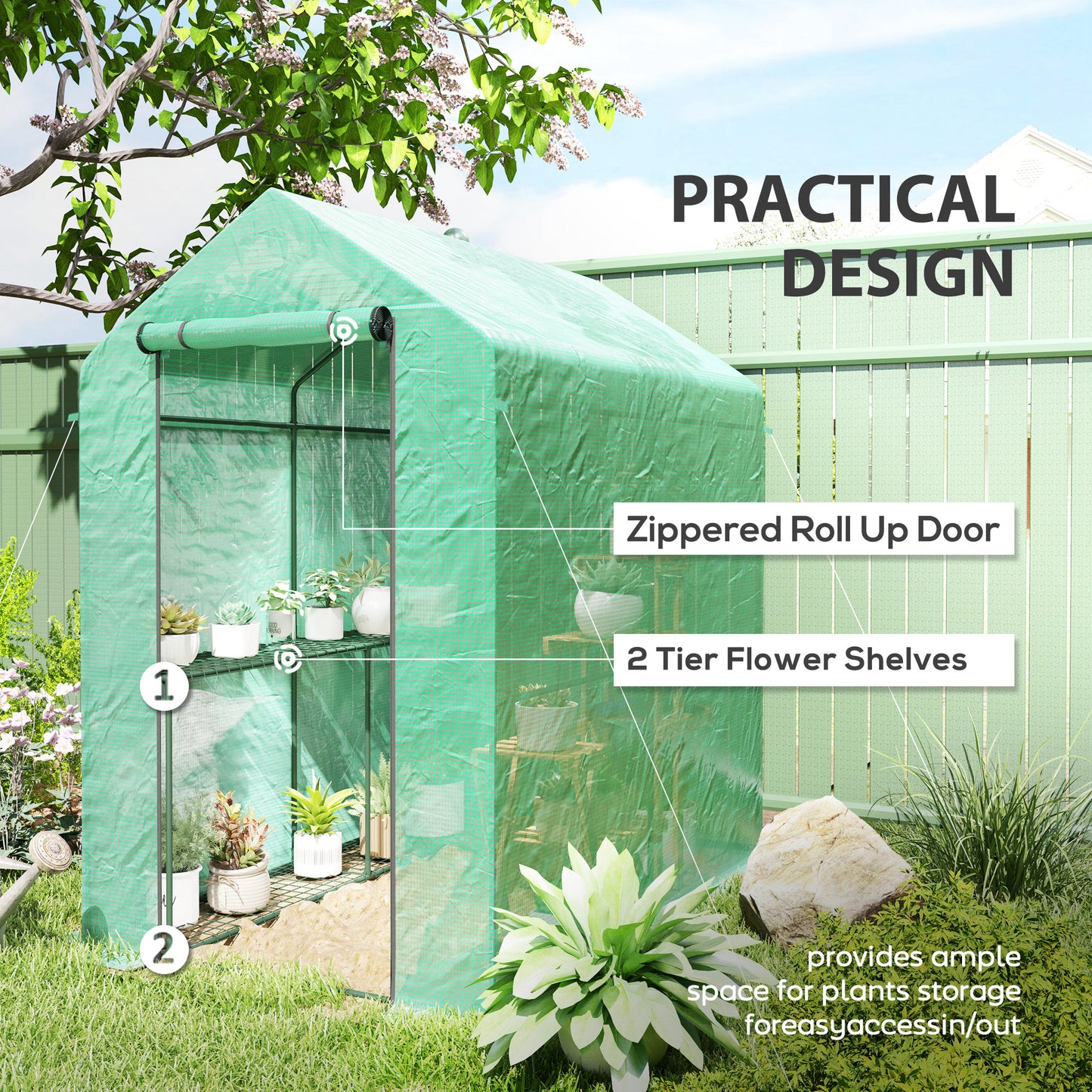 Outsunny 120 by 186cm Walk In Greenhouse With Shelves Steel Frame PE Cover Roll Up Door All Year Round