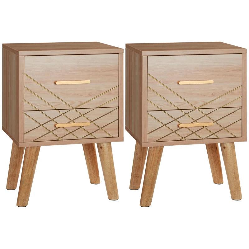 HOMCOM Bedside Cabinet - Scandinavian Bedside Table with Drawers and Wood Legs - Natural Wood Finish - ALL4U RETAILER LTD