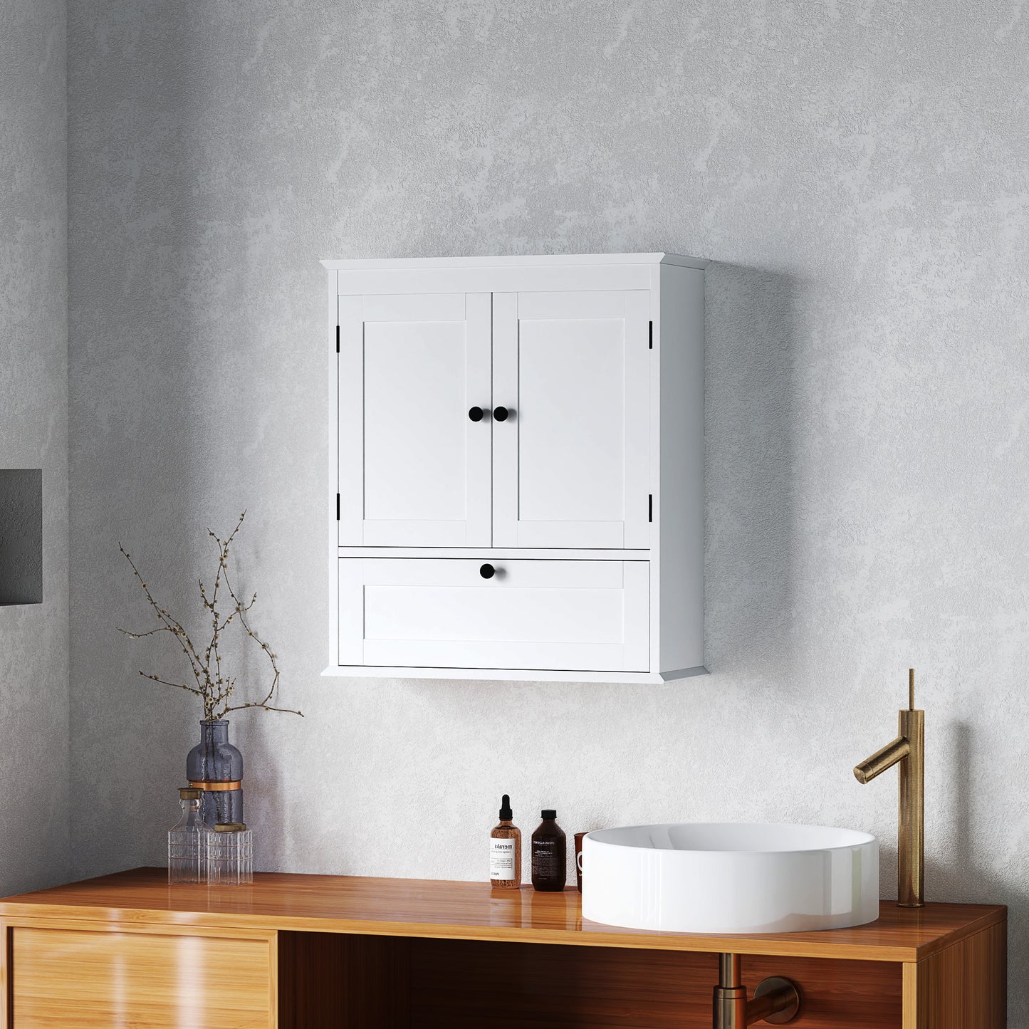 HOMCOM White Wall Mounted Bathroom Cabinet With Adjustable Shelf And Recessed Doors Three Compartments