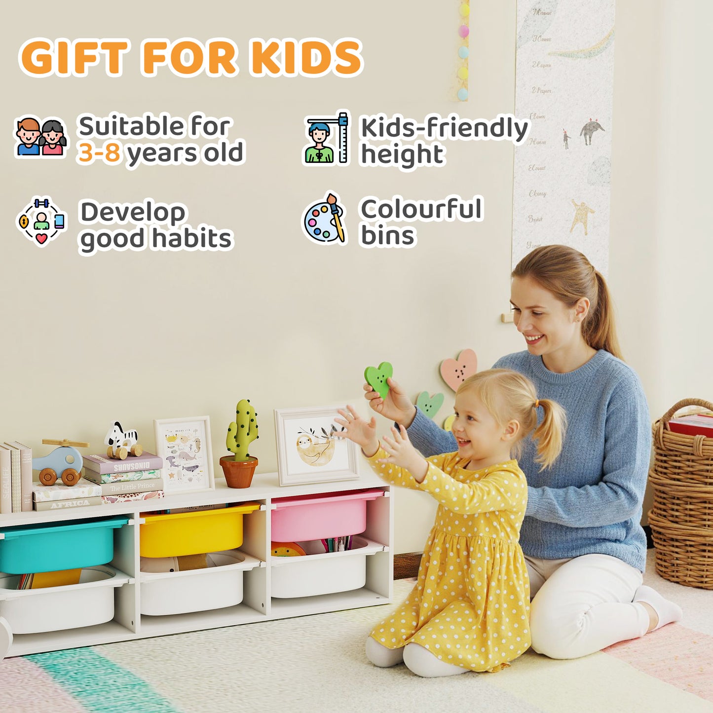 AIYAPLAY Low Height Two Tier Toy Storage Organiser With Six Removable Bins For Kids Bedroom Nursery Playroom