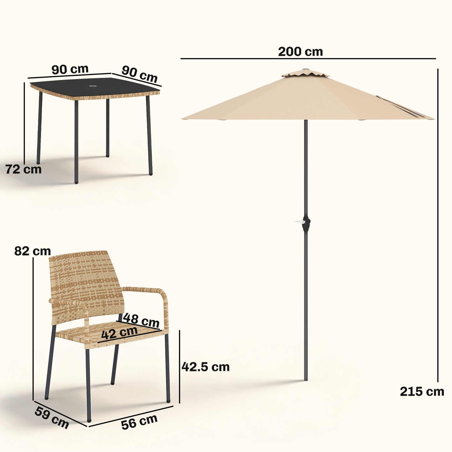 Outsunny 4 Seater Rattan Dining Set With Parasol 6 Piece Garden Table And Stackable Chairs With Tempered Glass Tabletop
