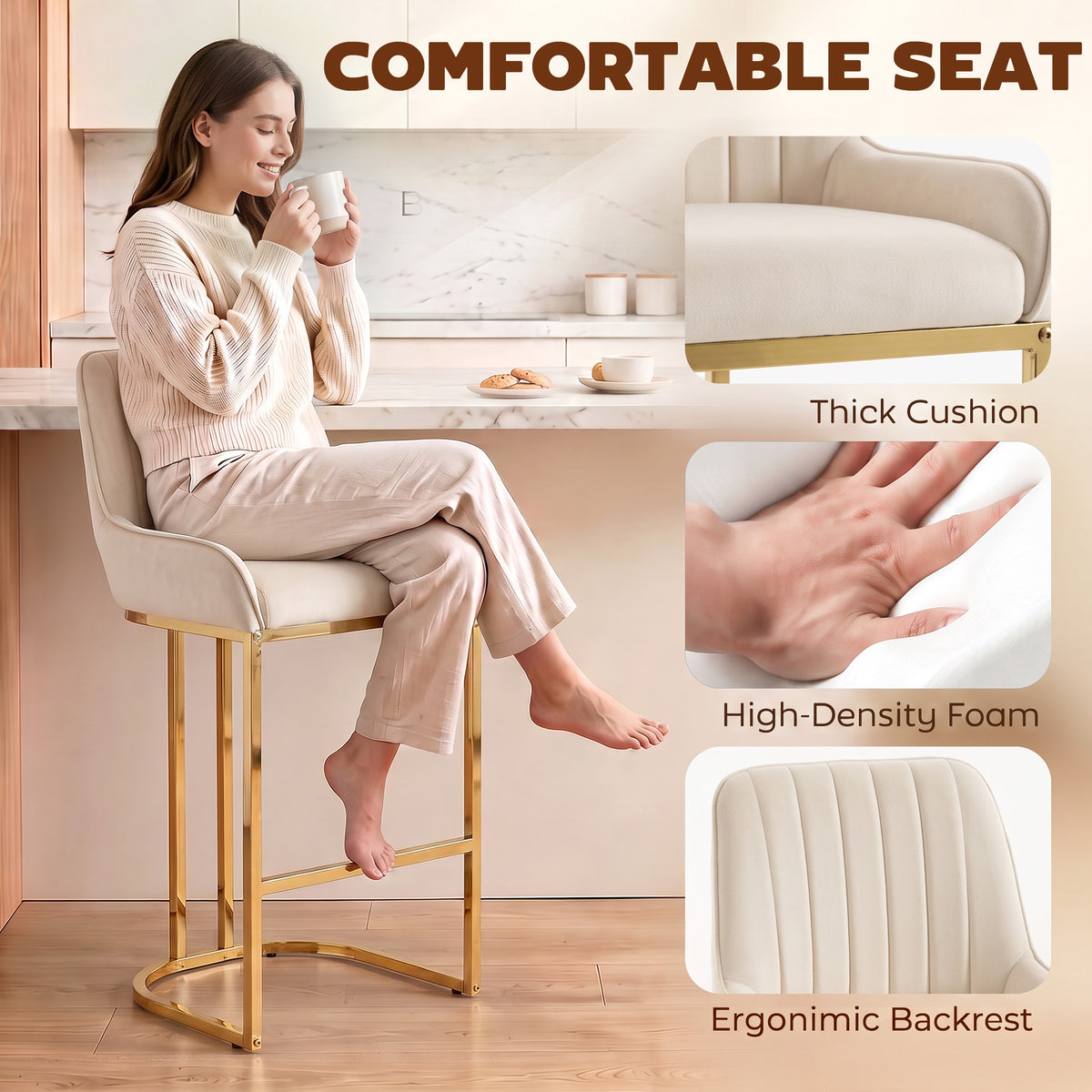 Cream white cushioned bar stool with tall ergonomic backrest, high-density foam, gold frame