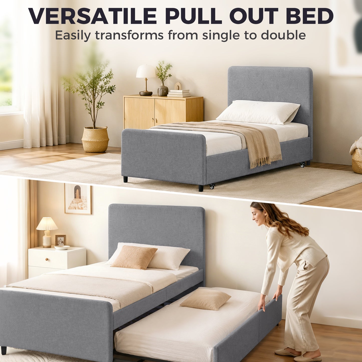 HOMCOM 3 Foot Single Bed Frame With Upholstered Pull Out Trundle Bed Headboard And Footboard Dark Grey