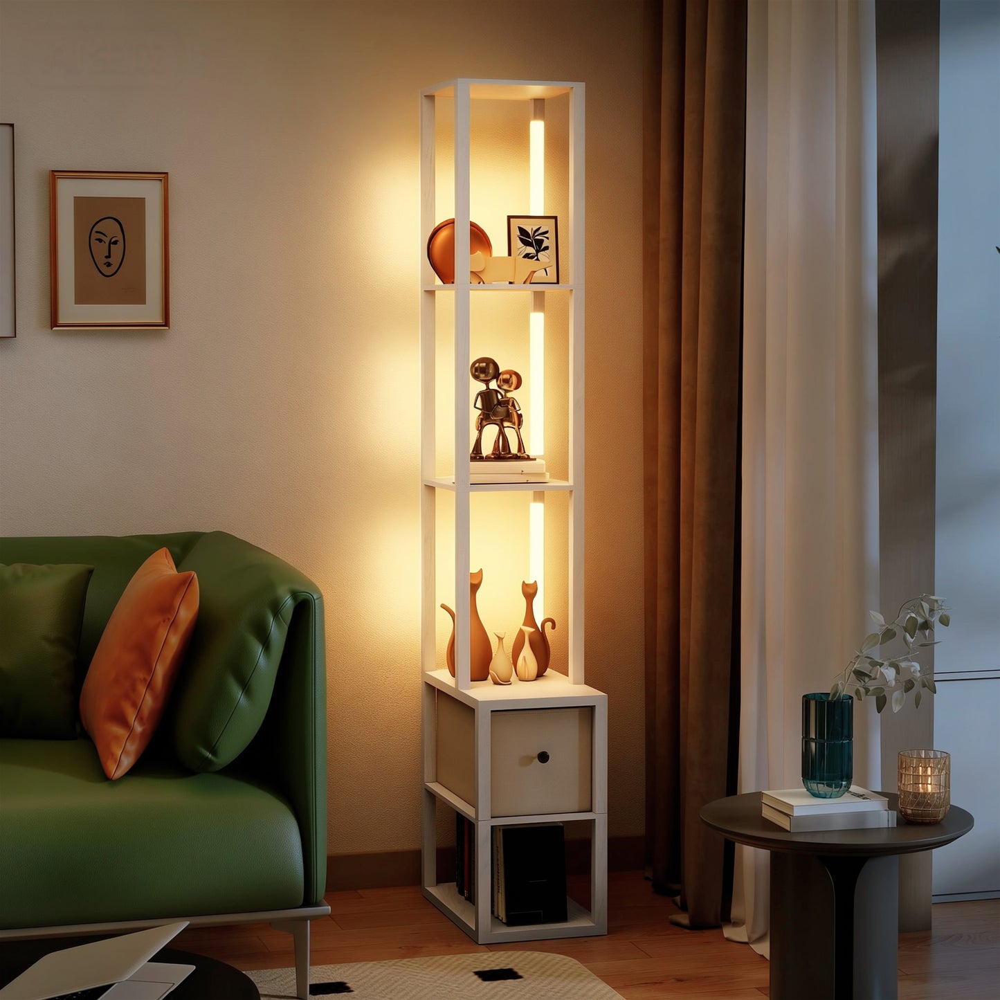 HOMCOM Floor Lamp With Shelves And Fabric Drawer LED Column Modern Standing Lamp Adjustable Brightness Foot Switch White