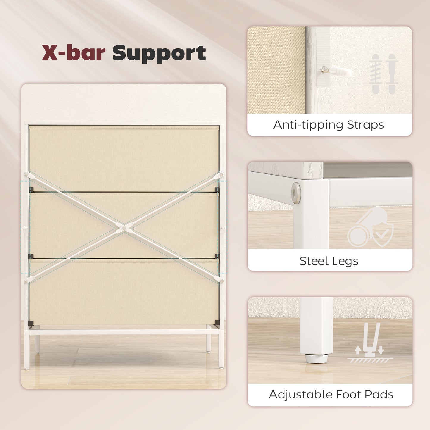HOMCOM Fabric Chest Of Drawers With Three Drawers And Aluminium Handles White Finish