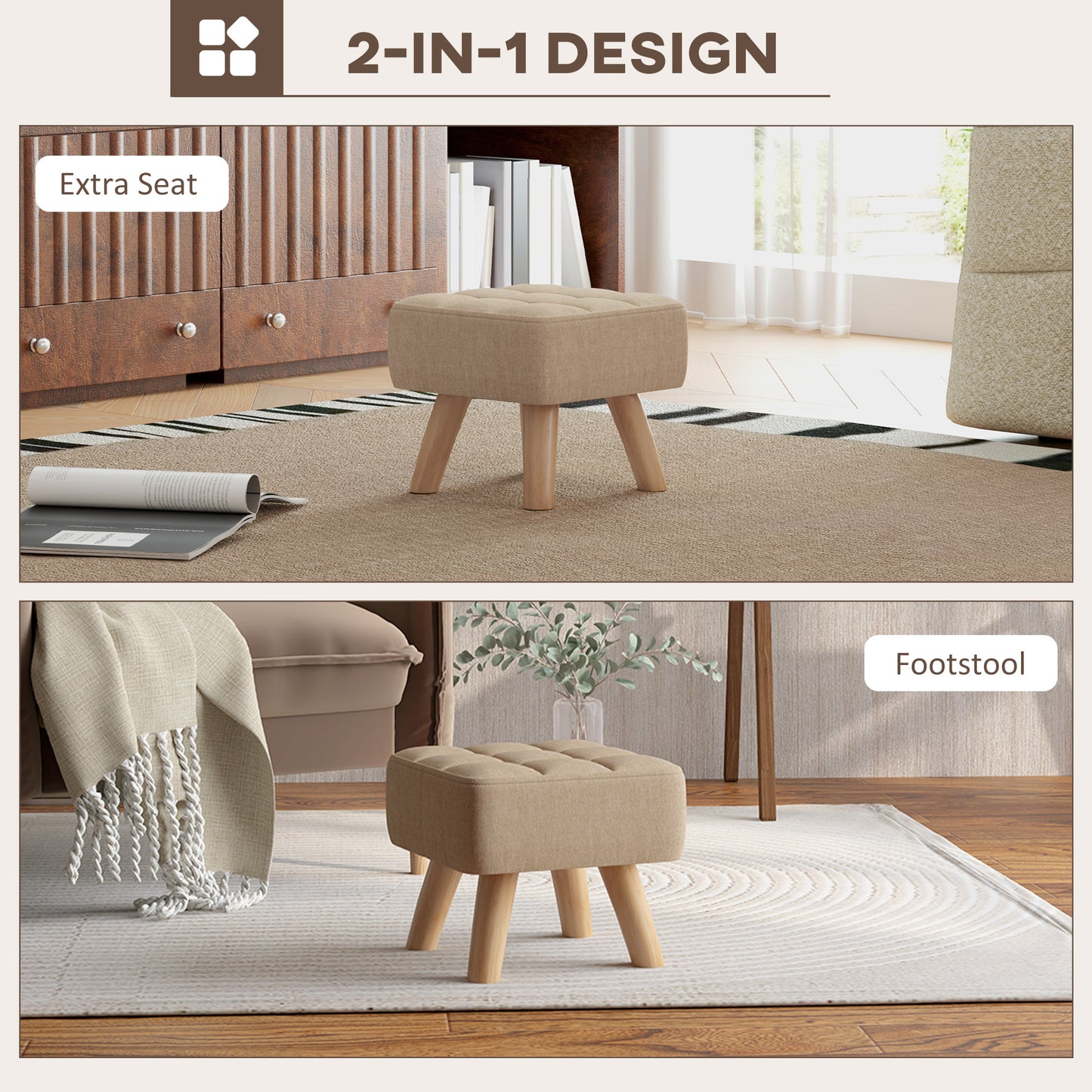 HOMCOM Linen Look Square Padded Footstool Brown With Tufted Top And Wooden Legs For Stability
