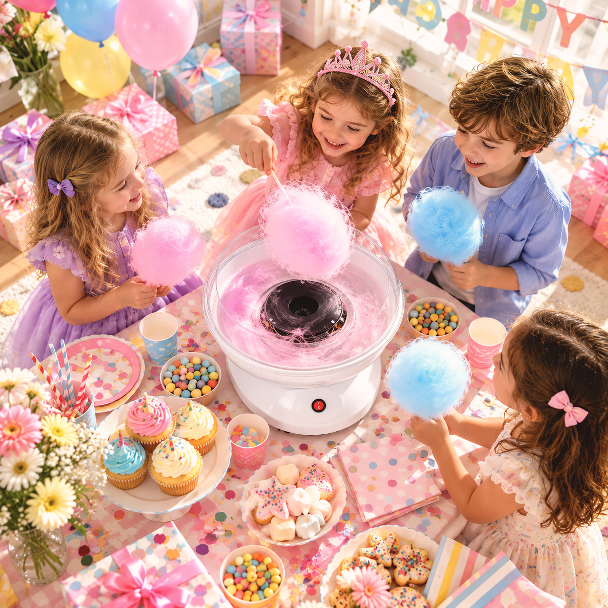 Electric cotton candy maker with clear bowl as kids make colorful cotton candy