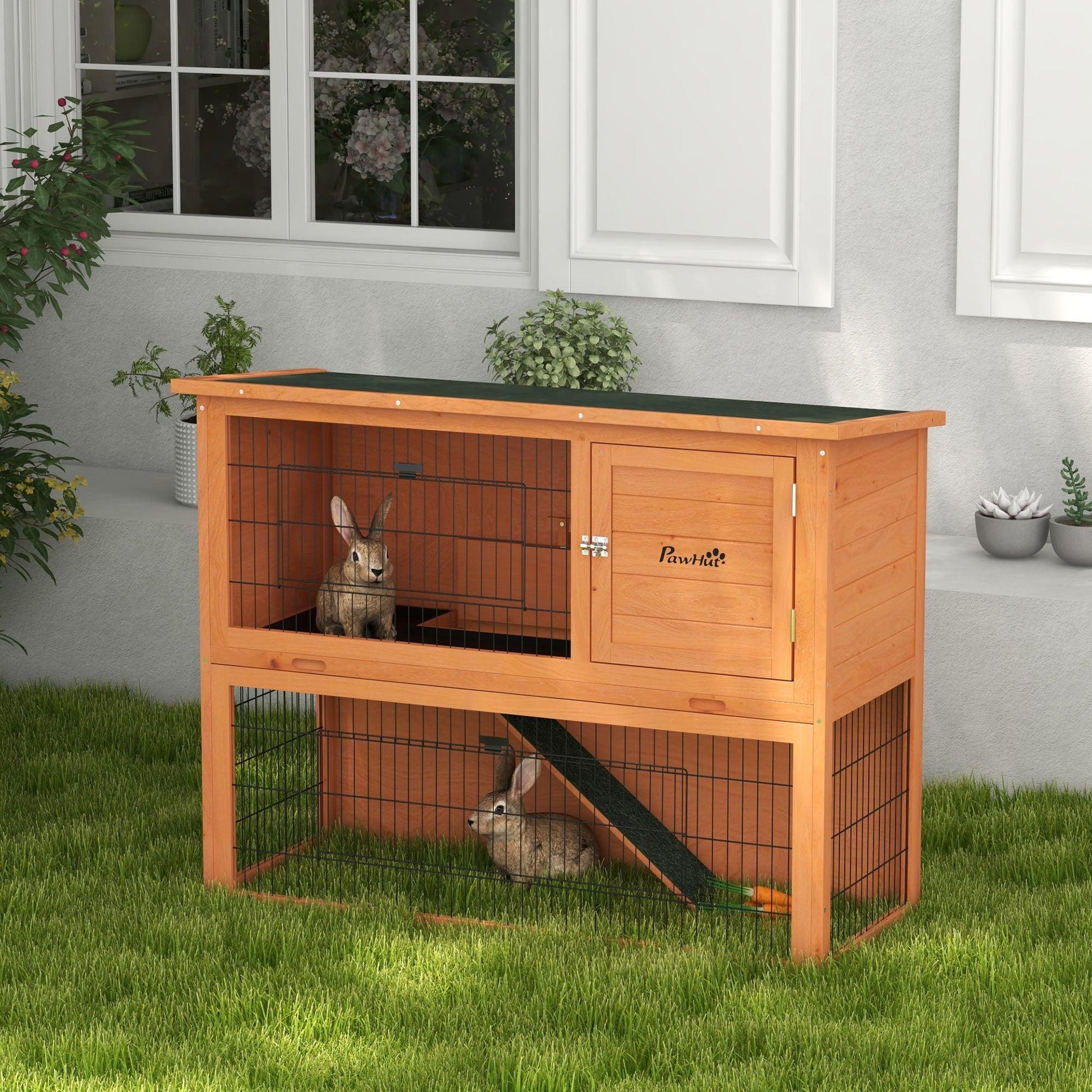 PawHut 2 Tier Antiseptic Wood Rabbit Hutch with Run Outdoor 92cm Orange - ALL4U RETAILER LTD