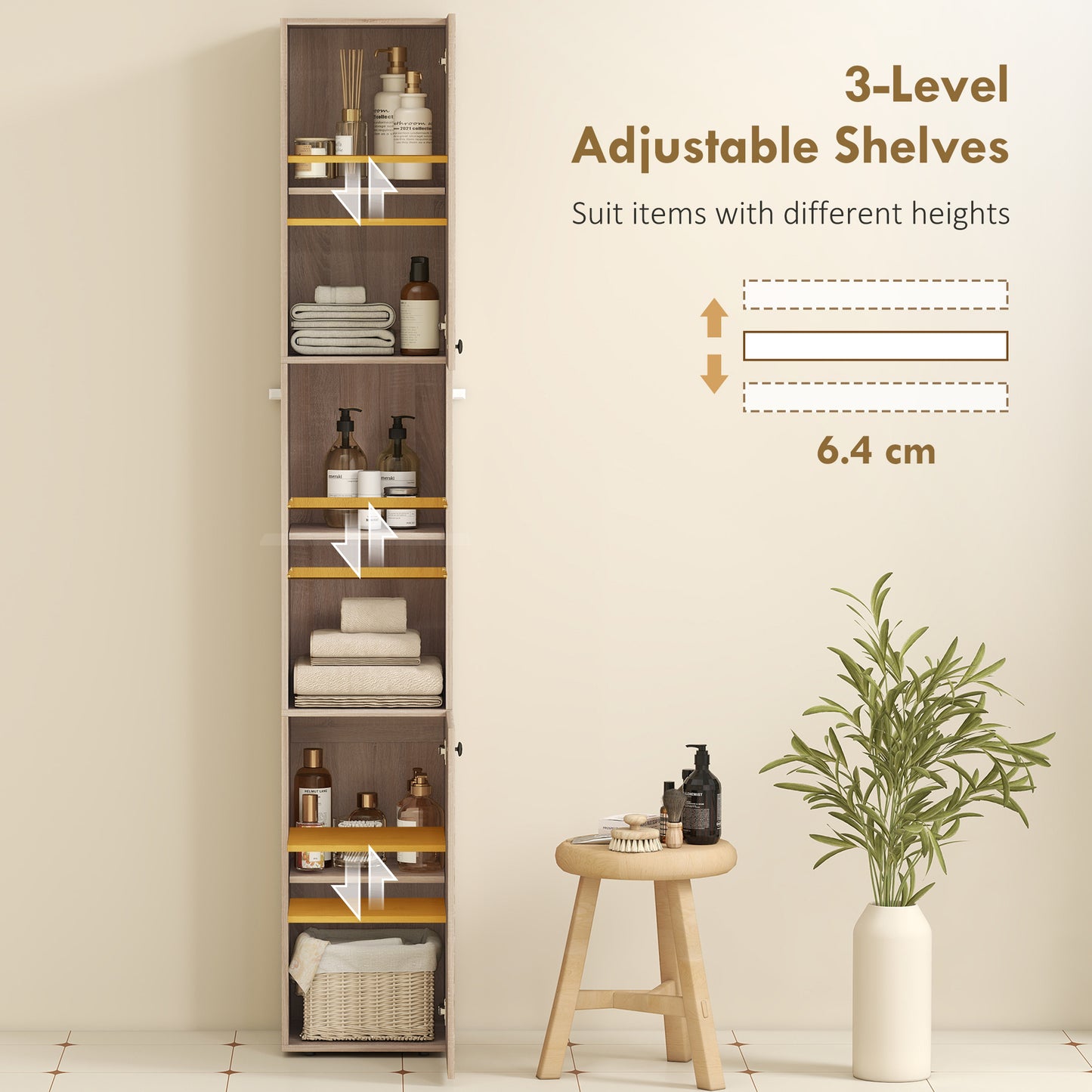 HOMCOM 6 Tier Tall Bathroom Cabinet Slim Space Saving Narrow Storage with Adjustable Shelves Natural Finish
