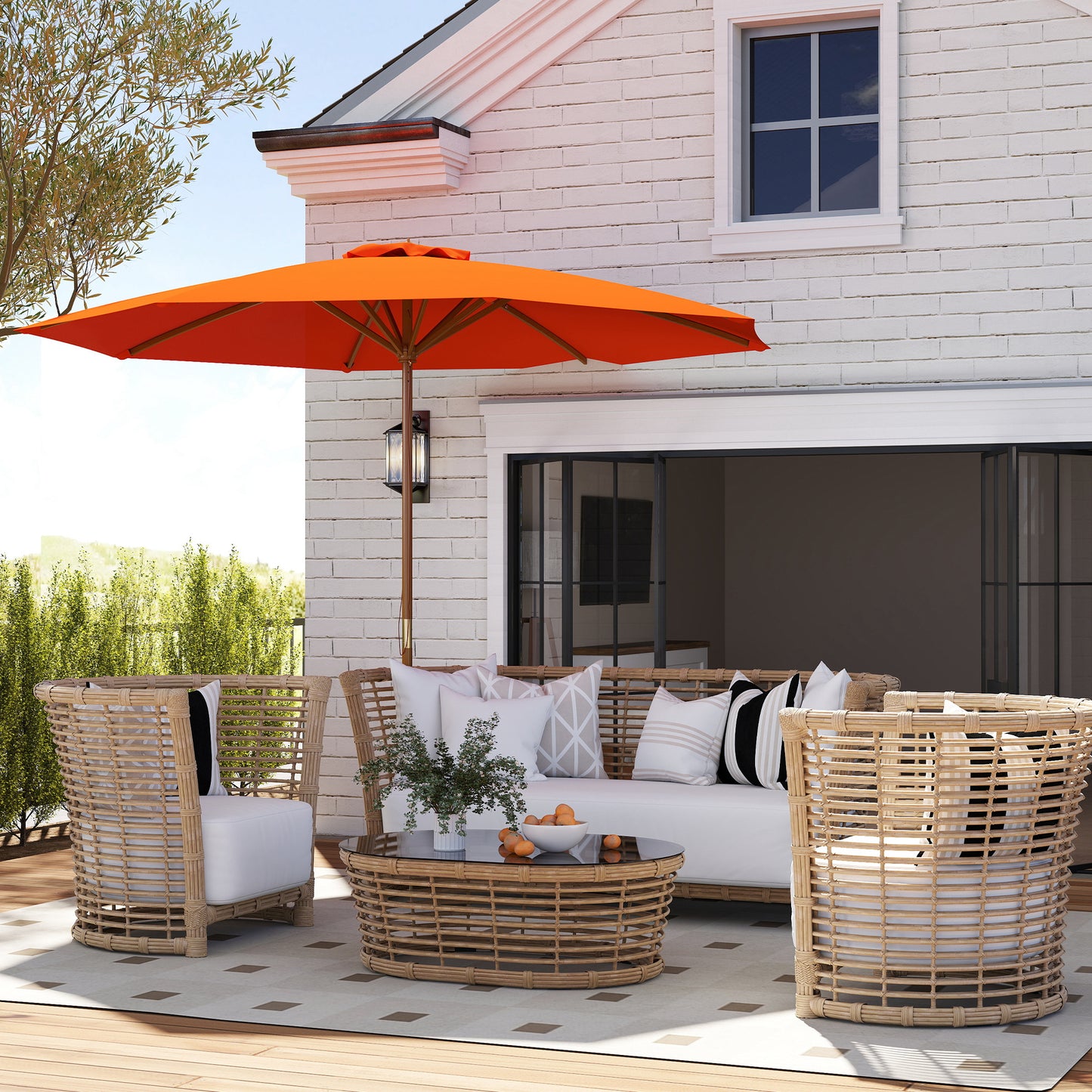 Outsunny 3m Wood Pole Parasol Umbrella Orange For Patio Garden With Vented Canopy And Adjustable Angle Three Positions