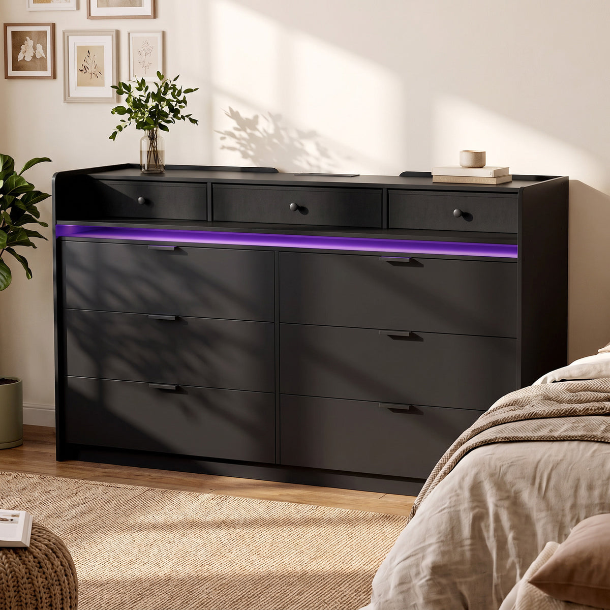 Black 9-drawer TV stand with multi-drawer storage and blue LED light strip
