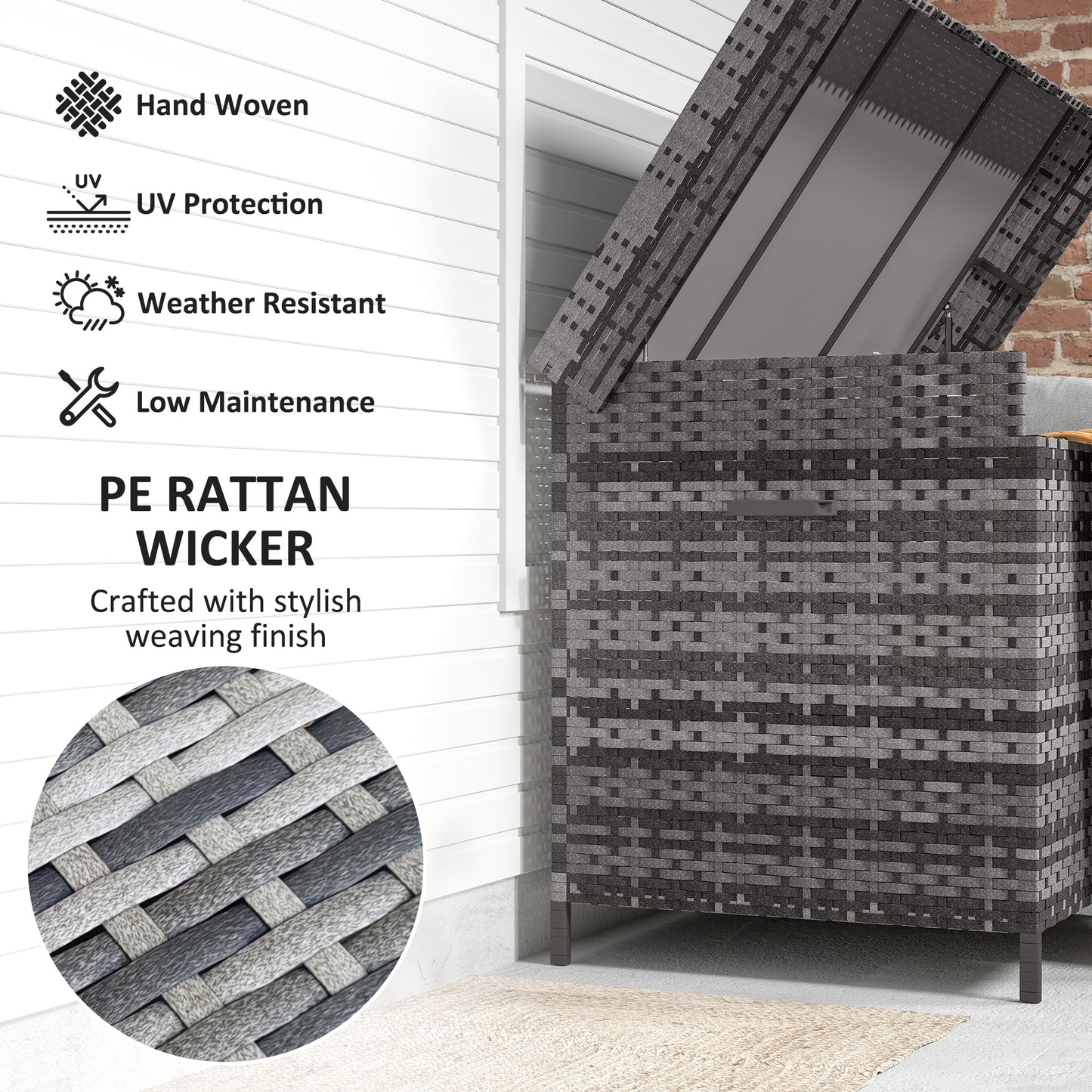 Outsunny 627 L Rattan Storage Box With Gas Strut Lift For Garden Outdoor Dark Grey