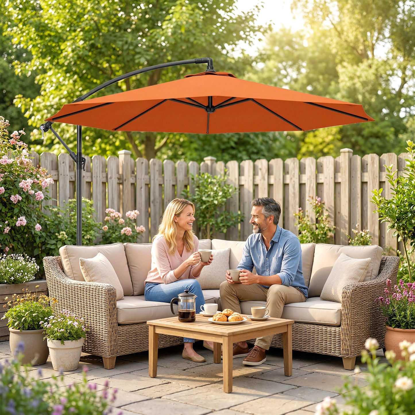Outsunny 3 Meter Cantilever Parasol With Cross Base And Offset Outdoor Umbrella Crank Handle Orange