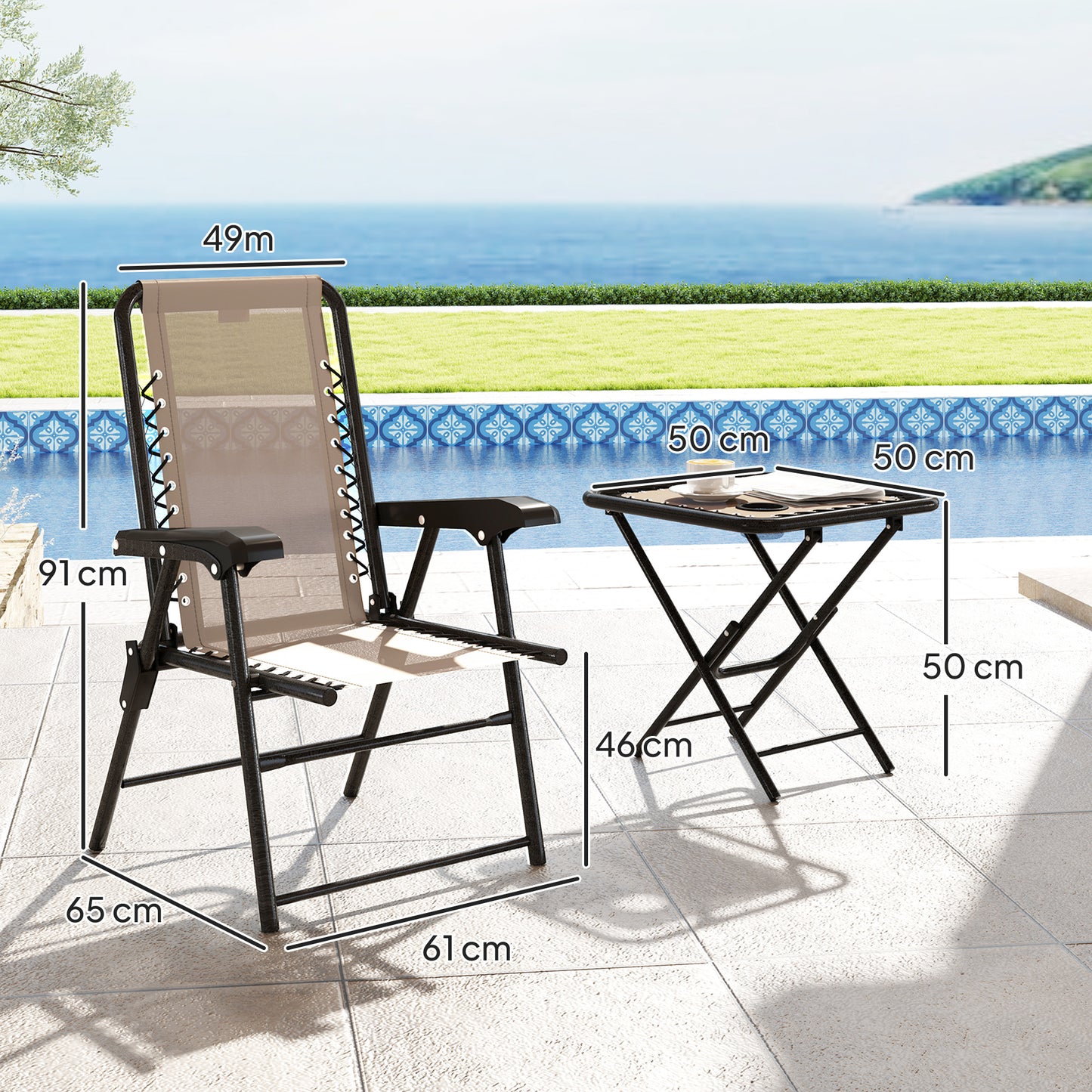 Outsunny Three Piece Garden Table And Chair Set In Khaki With Powder Coated Steel Frame And Textiline Fabric