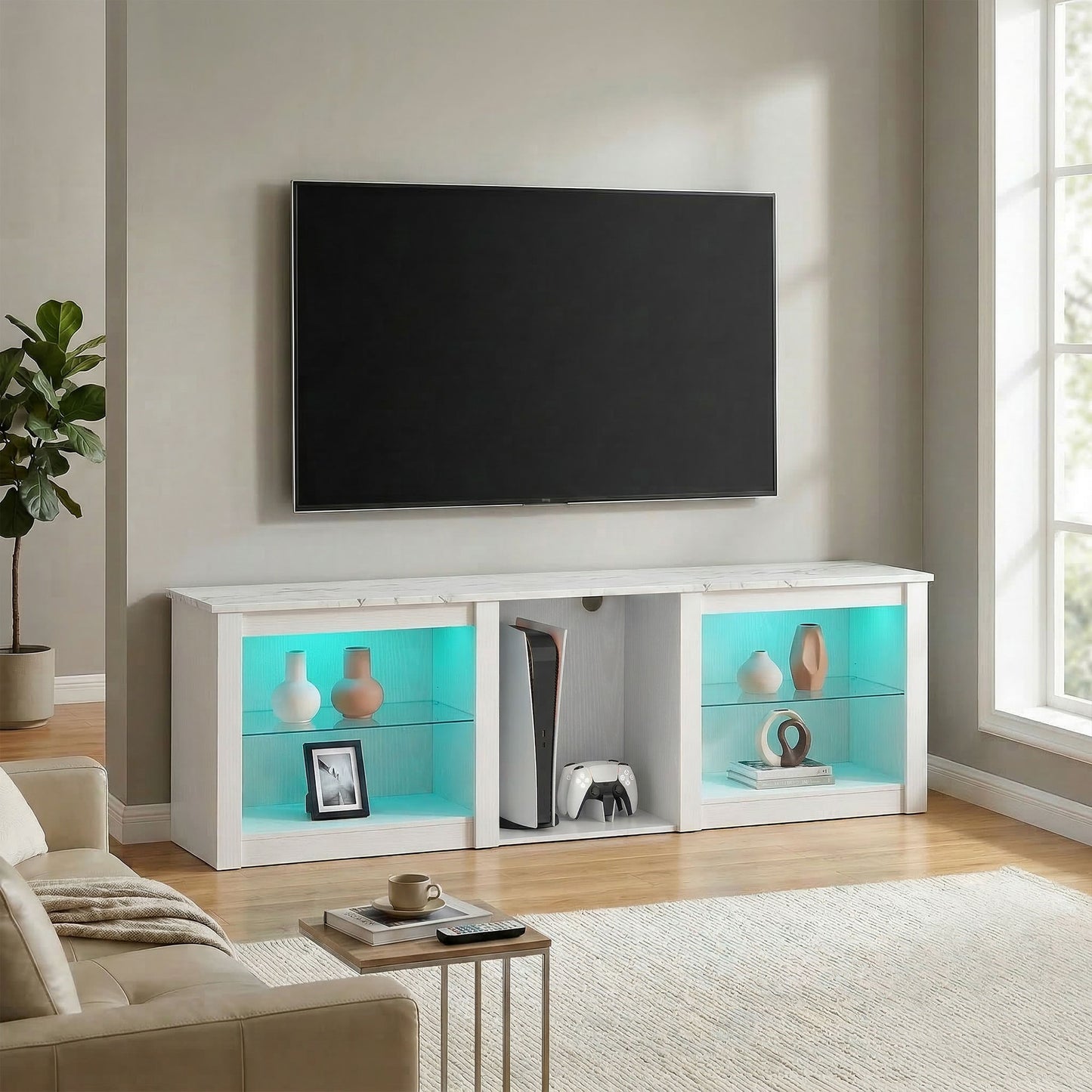 HOMCOM 70 Inch TV Stand With USB Powered RGB LED Lights And Ample White Storage With Five Compartments