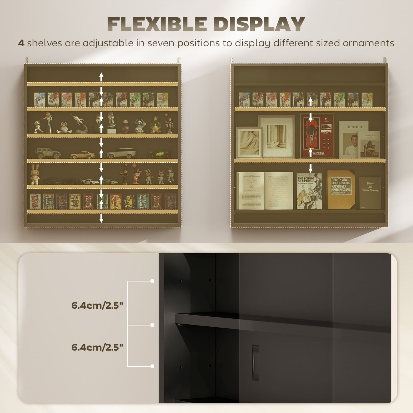 HOMCOM Six Shelf Display Cabinet With Glass Doors Black For Display And Storage Adjustable Shelves In Eleven Positions