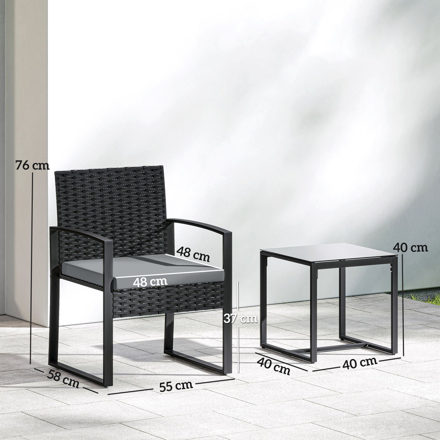 Outsunny Rattan Bistro Set 3 Piece Garden Furniture Set With Glass Top Table And Cushions Light Grey