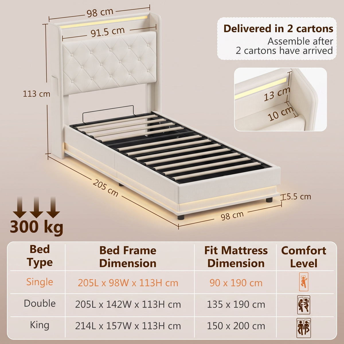 Homcom 3ft Single Bed Frame With Hydraulic Storage LED Lights