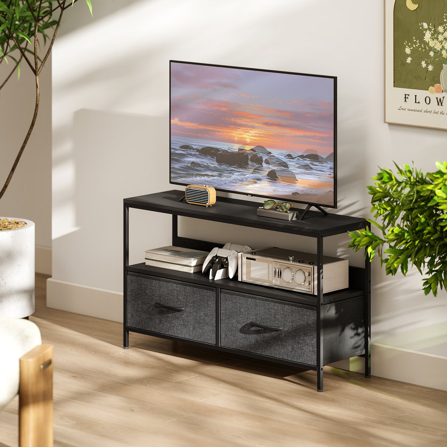 HOMCOM Two Tone Black TV Stand Cabinet With Two Foldable Drawers For Up To 47 Inch TV Entertainment Center