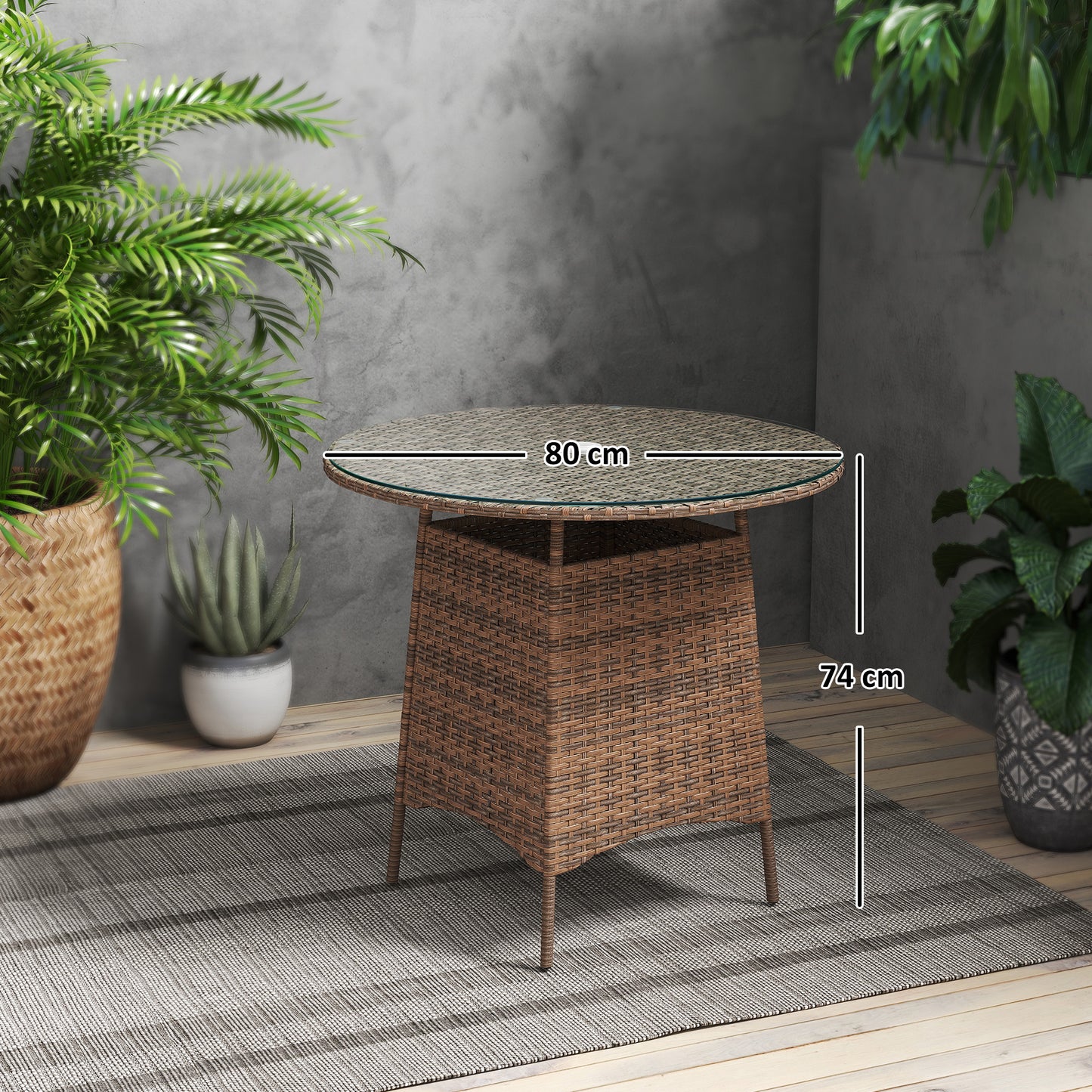 Outsunny Wicker Garden Rattan Coffee Table With Umbrella Hole And Tempered Glass Top Brown Outdoor Patio Furniture