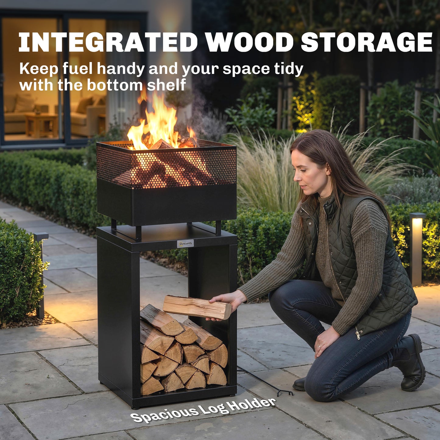 Outsunny Outdoor Fire Pit With Wood Storage 87 CM Black Heavy Gauge Metal Wood Burning With Mesh Sides