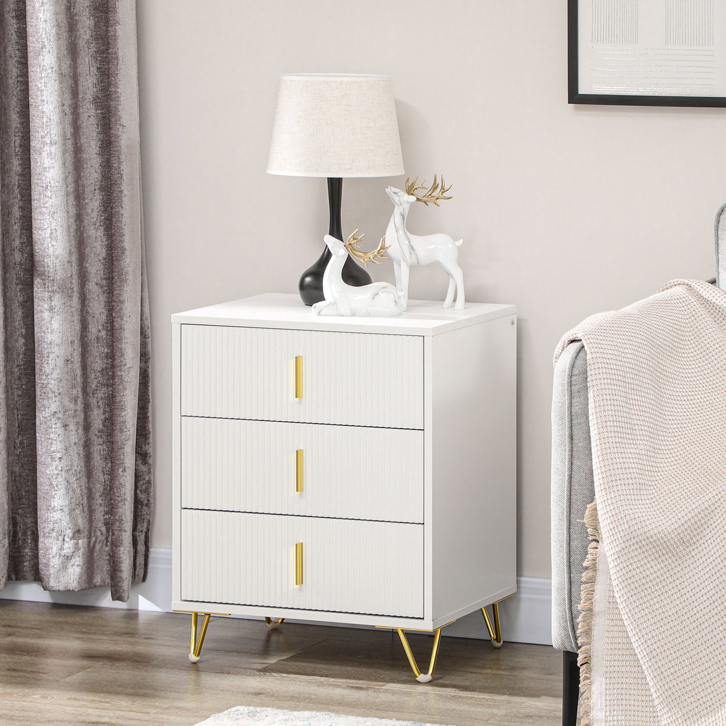 HOMCOM Set Of 2 Elegant Chest Of Drawers White And Gold Tone Ridged Fronts Hairpin Legs