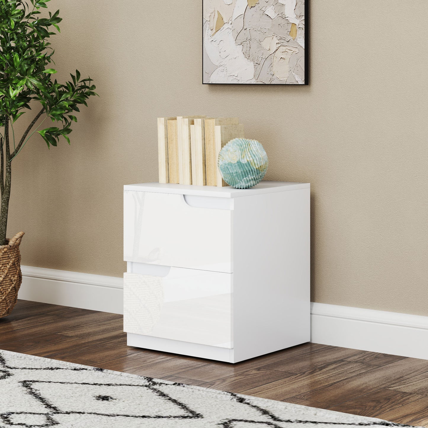 HOMCOM White High Gloss Bedside Tables Set Of 2 With Handleless Design And Two Drawers