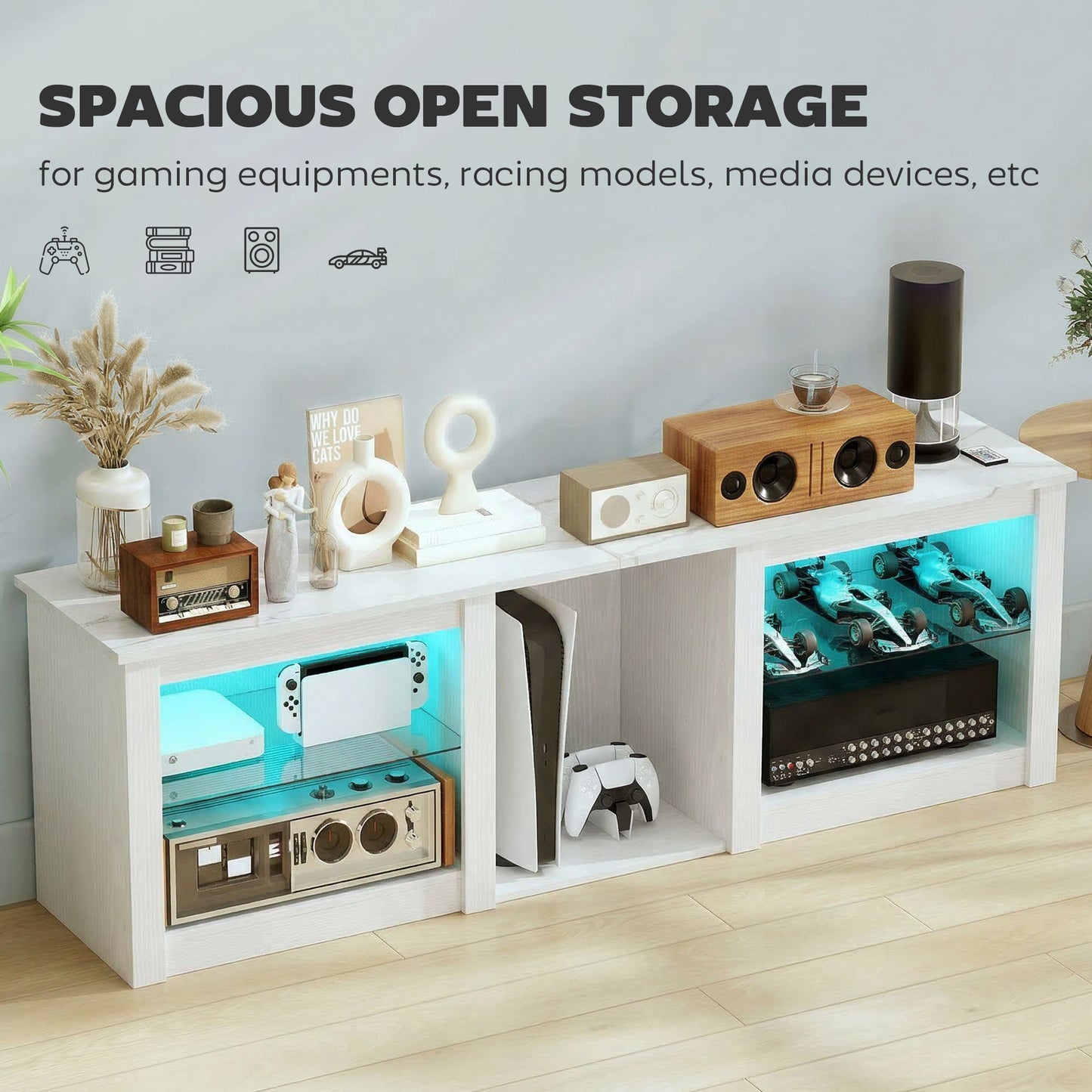 HOMCOM 70 Inch TV Stand With USB Powered RGB LED Lights And Ample White Storage With Five Compartments