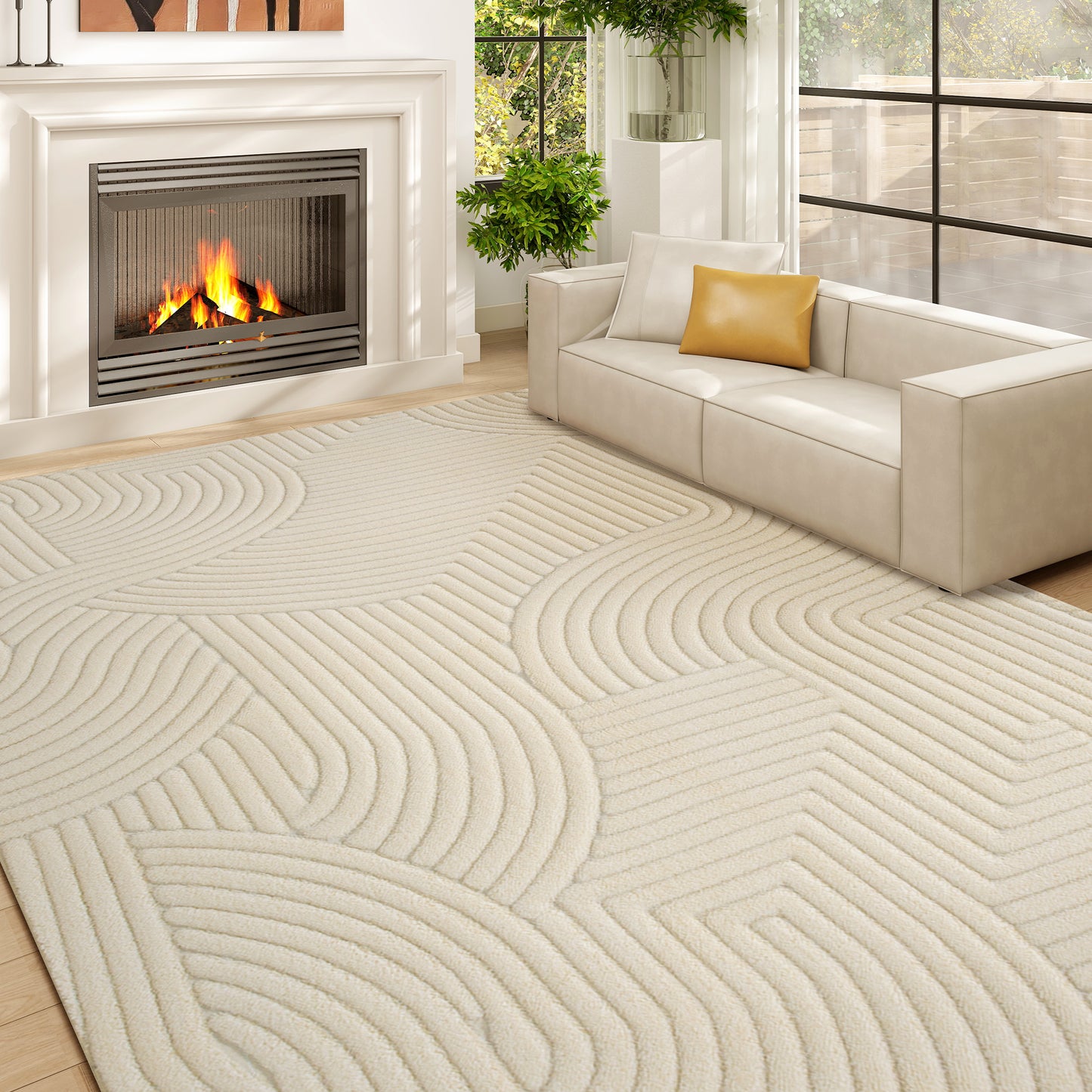 HOMCOM Modern Geometric Rug 160 x 120 cm Cream Thick Plush Non Slip Backing For Living Room Bedroom Office