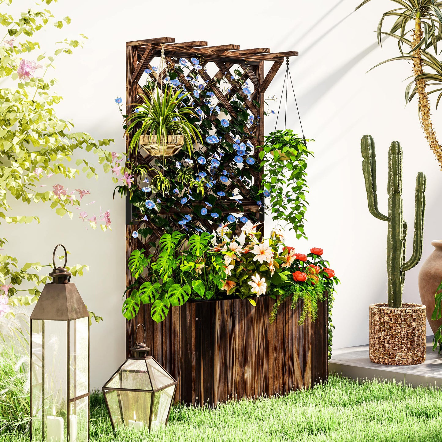 Outsunny Wooden Planter With Trellis Freestanding Raised Garden Bed Drainage Holes Liner For Vegetables And Herbs