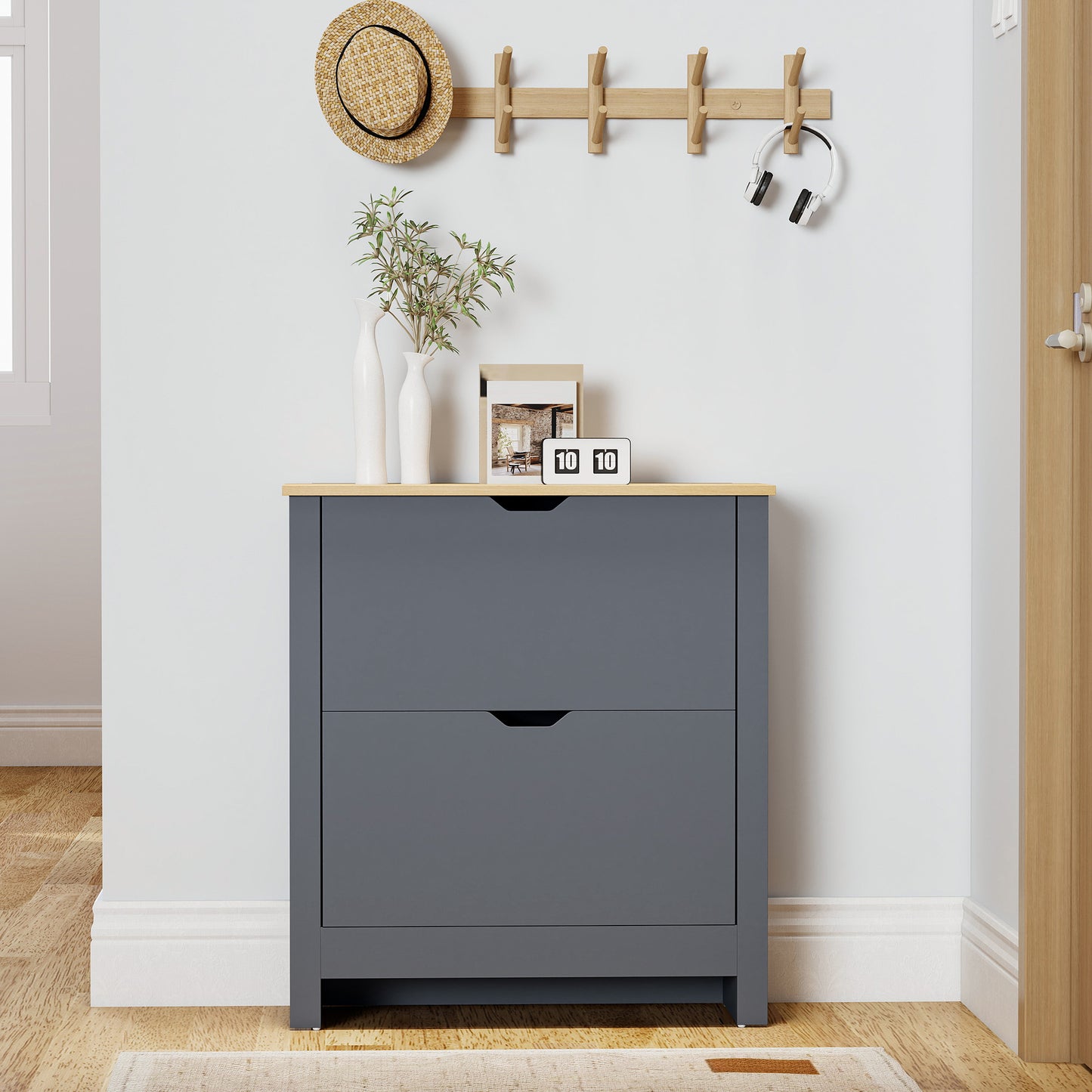 HOMCOM Slim Shoe Cabinet Narrow Cupboard With 2 Flip Drawers And Adjustable Shelves For 12 Pairs Of Shoes Charcoal Grey