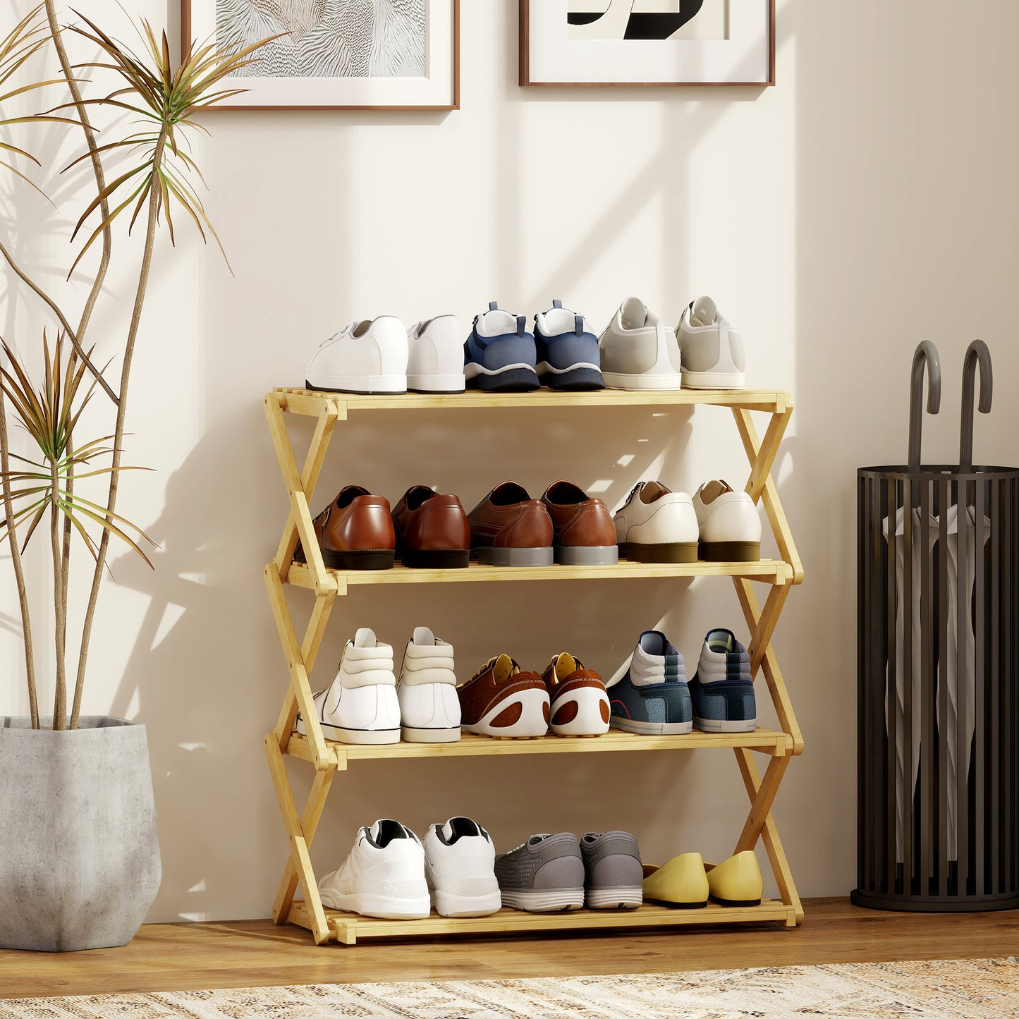 HOMCOM Four Tier Folding Bamboo Shoe Rack Natural Finish Space Saving Organizer for Boots and Shoes