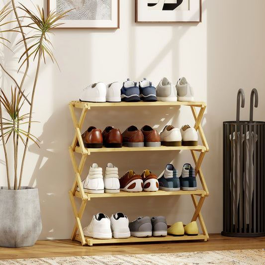 HOMCOM Four Tier Folding Bamboo Shoe Rack Natural Finish Space Saving Organizer for Boots and Shoes