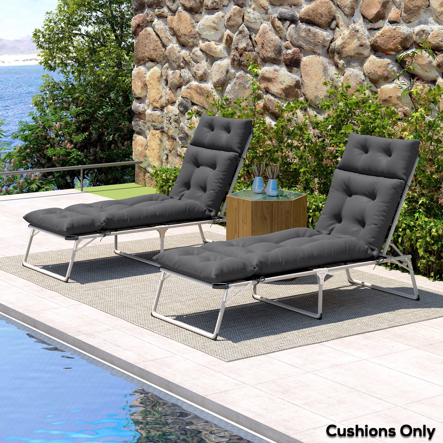 Outsunny Set Of Two 190 X 56 Cm Sun Lounger Cushions Dark Grey With Durable Polyester Fabric And Ties