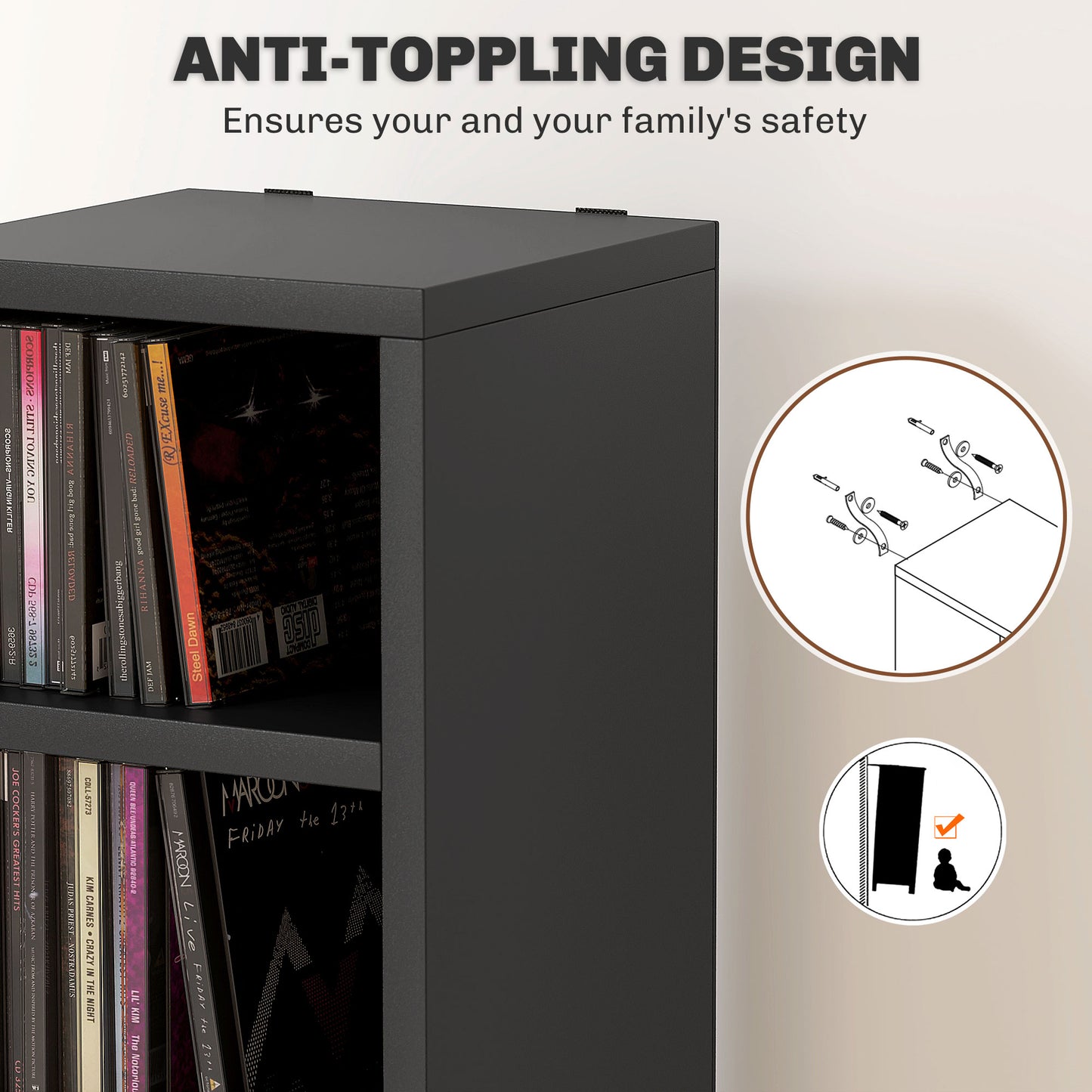 HOMCOM 204 CD Tall Narrow Media Storage Tower Black Space Saving 12 Tier Anti Tip CD Rack