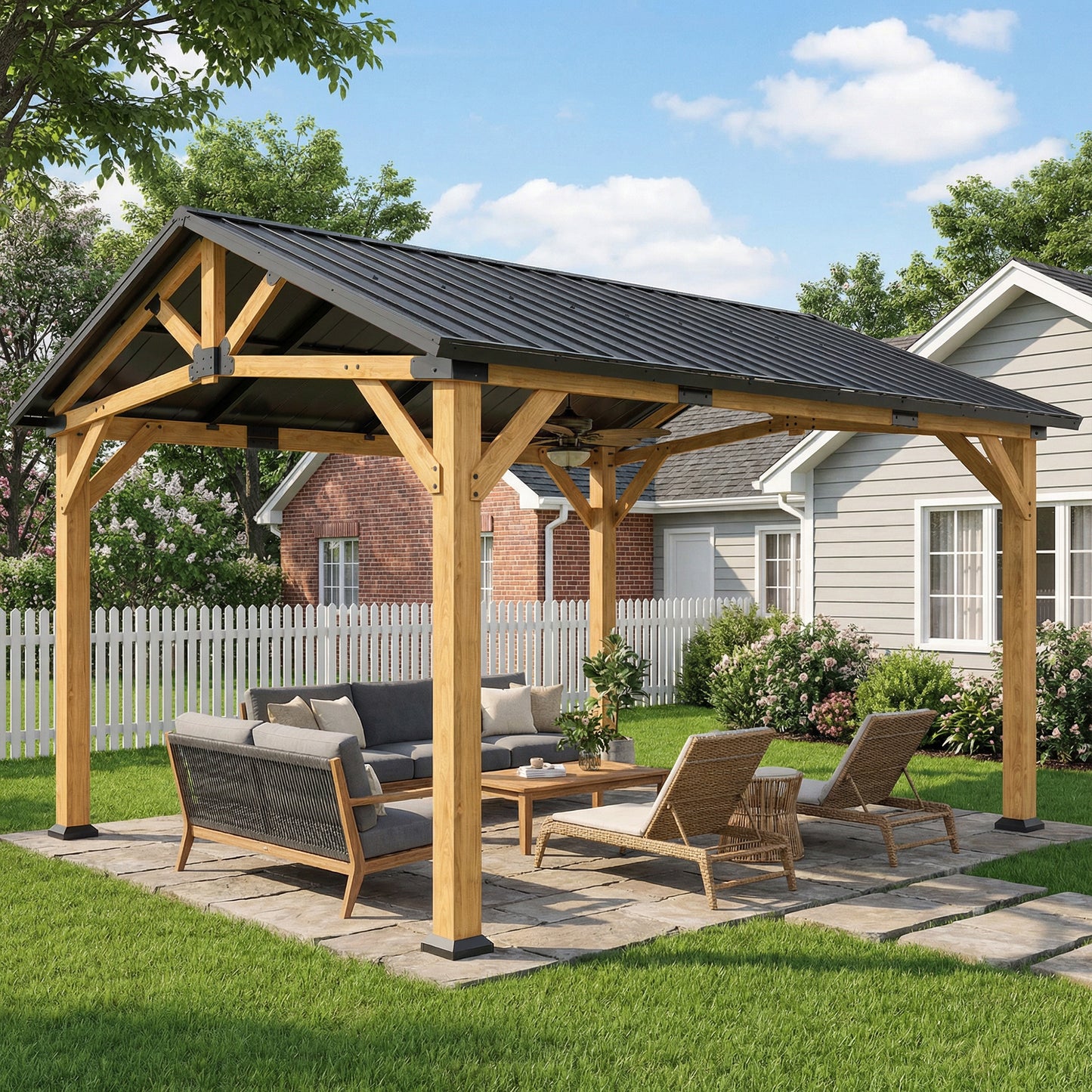 Outsunny 3.5x4m Hardtop Gazebo with Galvanised Metal Roof Fir Wood Frame Hook for Patio and Garden Black Gray