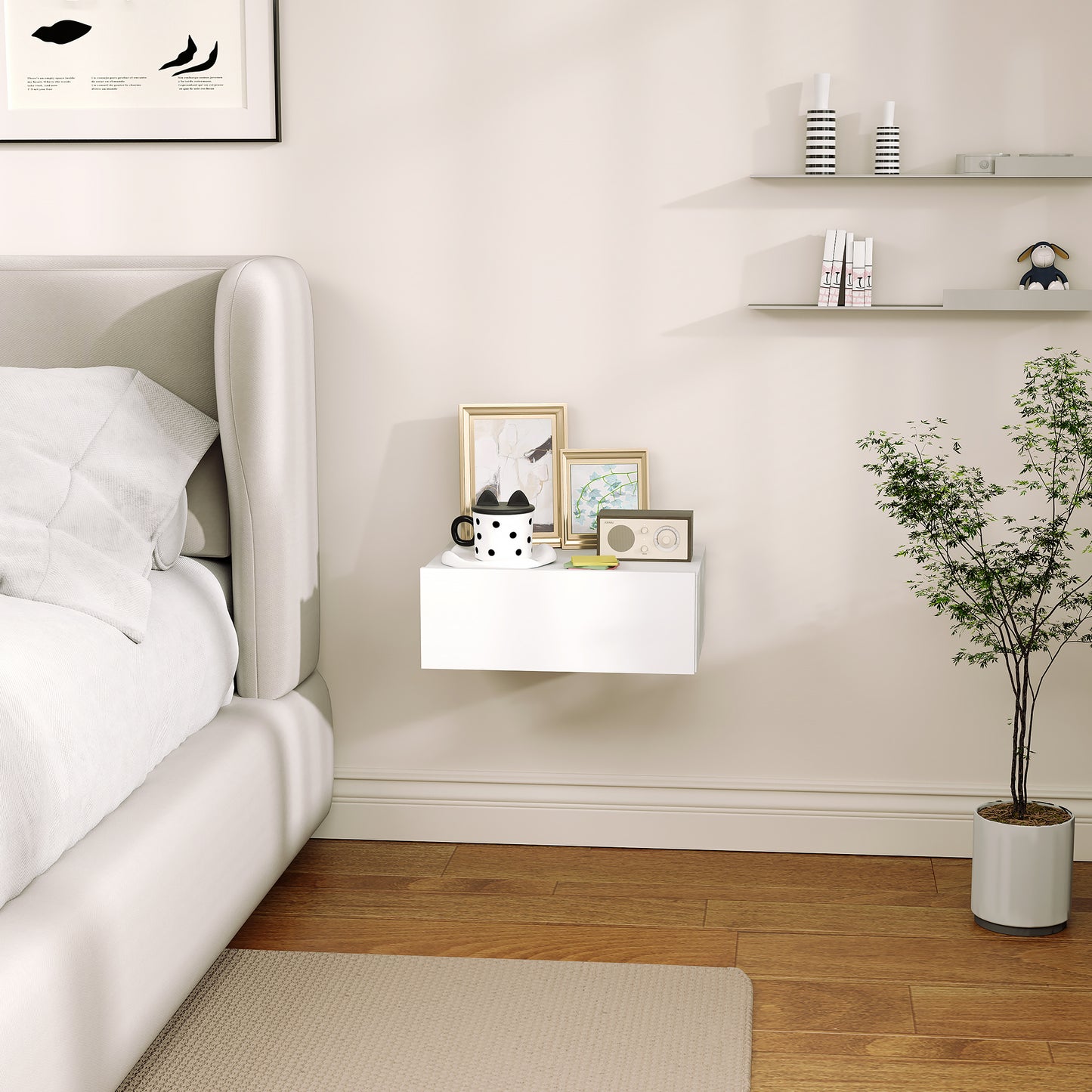 HOMCOM Floating Bedside Table Wall Mounted Nightstand With Storage Drawer White Finish