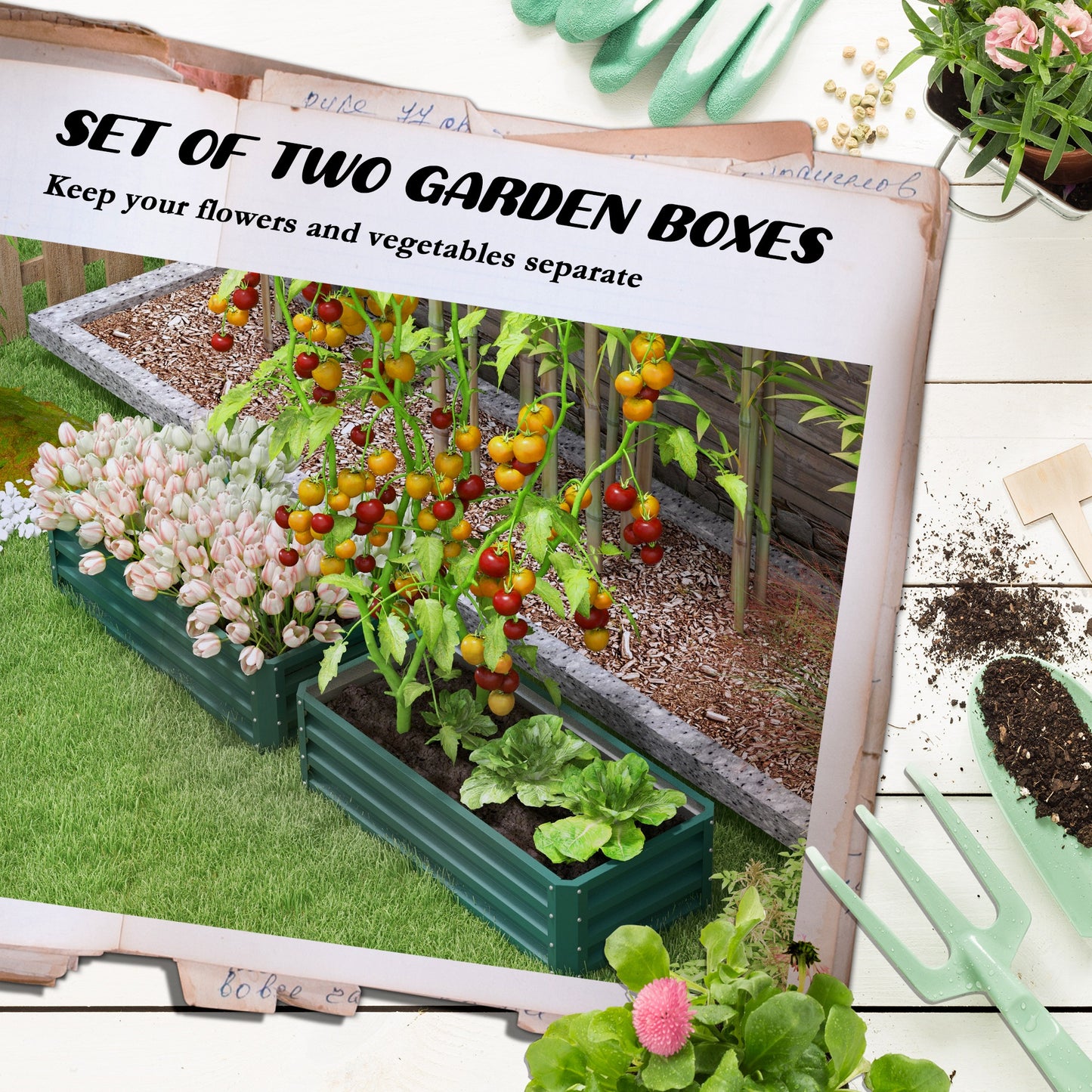 Outsunny Set of 2 Green Galvanised Steel Raised Garden Planters for Flowers, Herbs & Vegetables - ALL4U RETAILER LTD