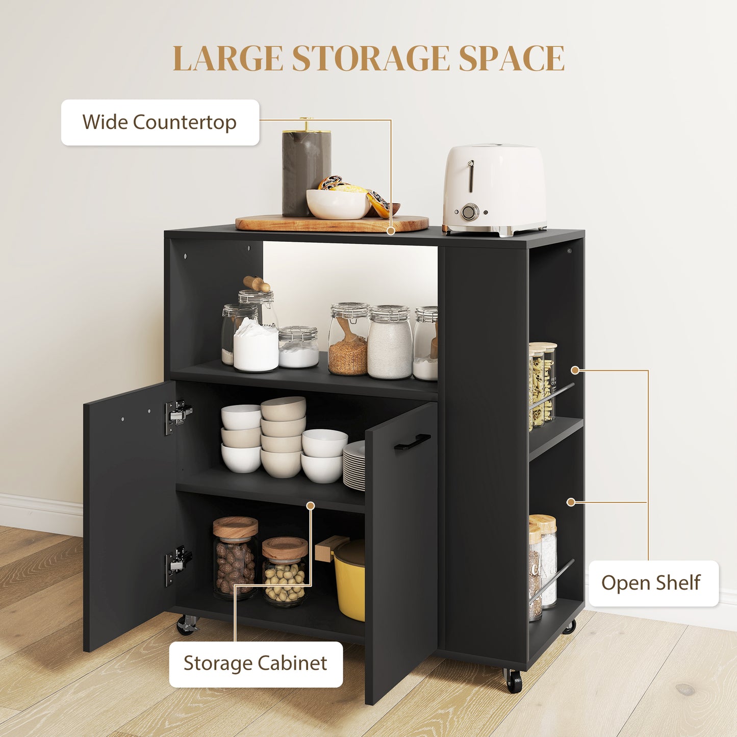 HOMCOM Kitchen Trolley On Wheels Rolling Kitchen Island Cart With 2 Door Cabinet Spice Rack And Adjustable Shelf Black