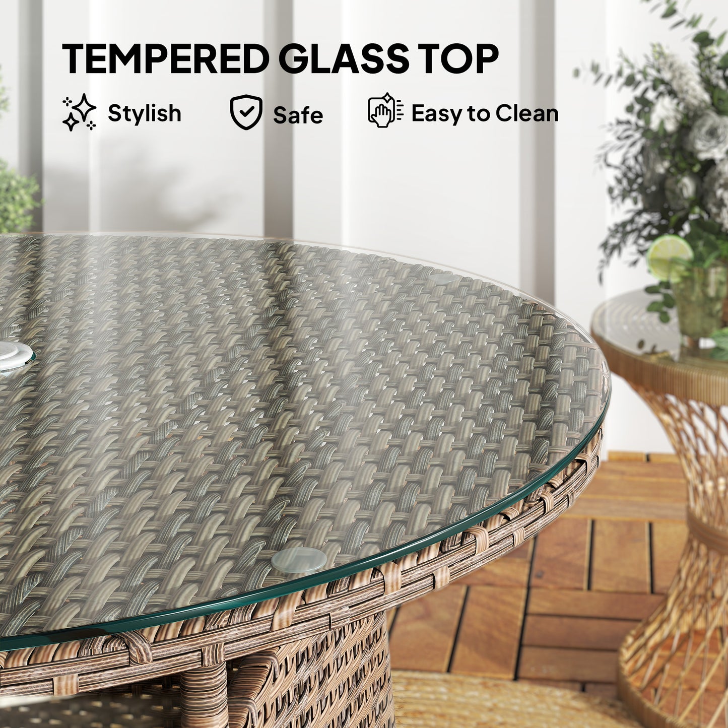 Outsunny Wicker Garden Rattan Coffee Table With Umbrella Hole And Tempered Glass Top Brown Outdoor Patio Furniture