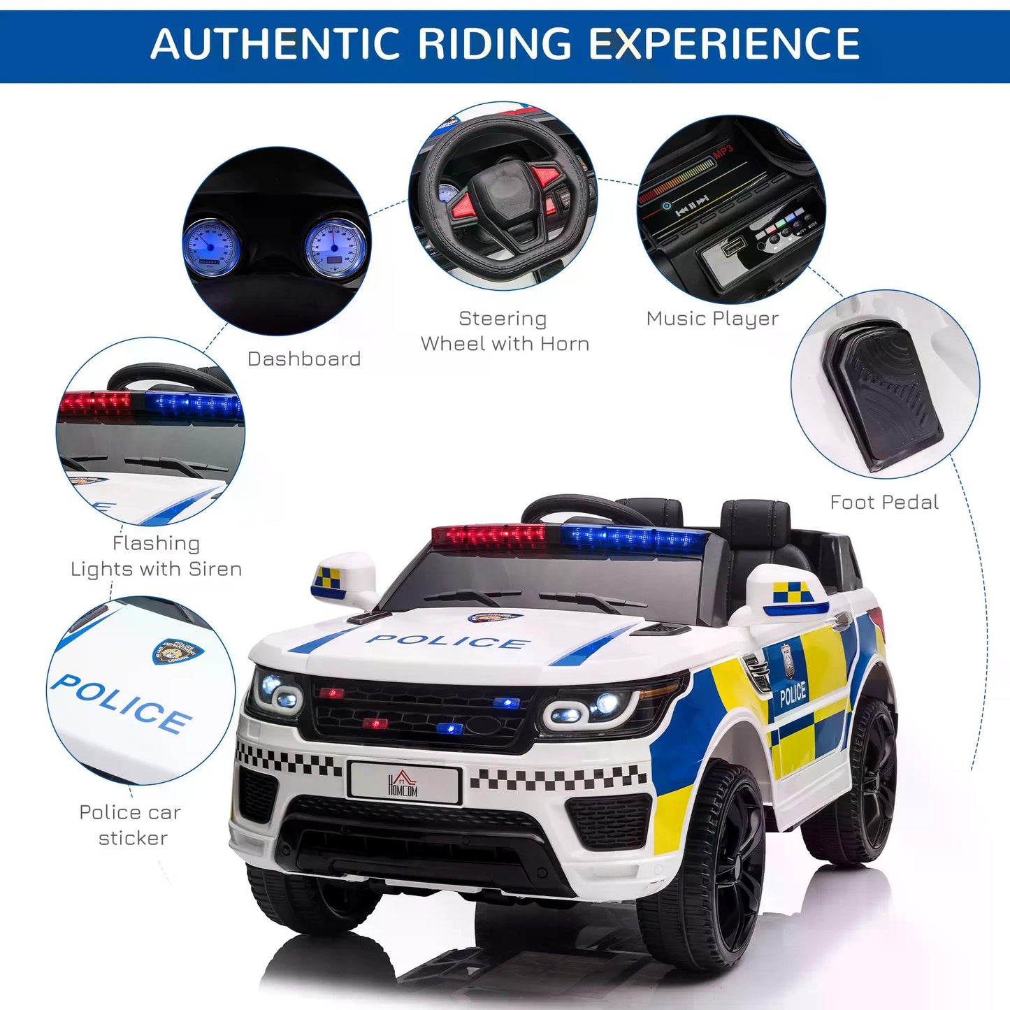 HOMCOM 12V Kid's Remote Control Police Ride-On Car with Bluetooth, Siren, and Flashing Lights for Ages 3-6 - White - ALL4U RETAILER LTD