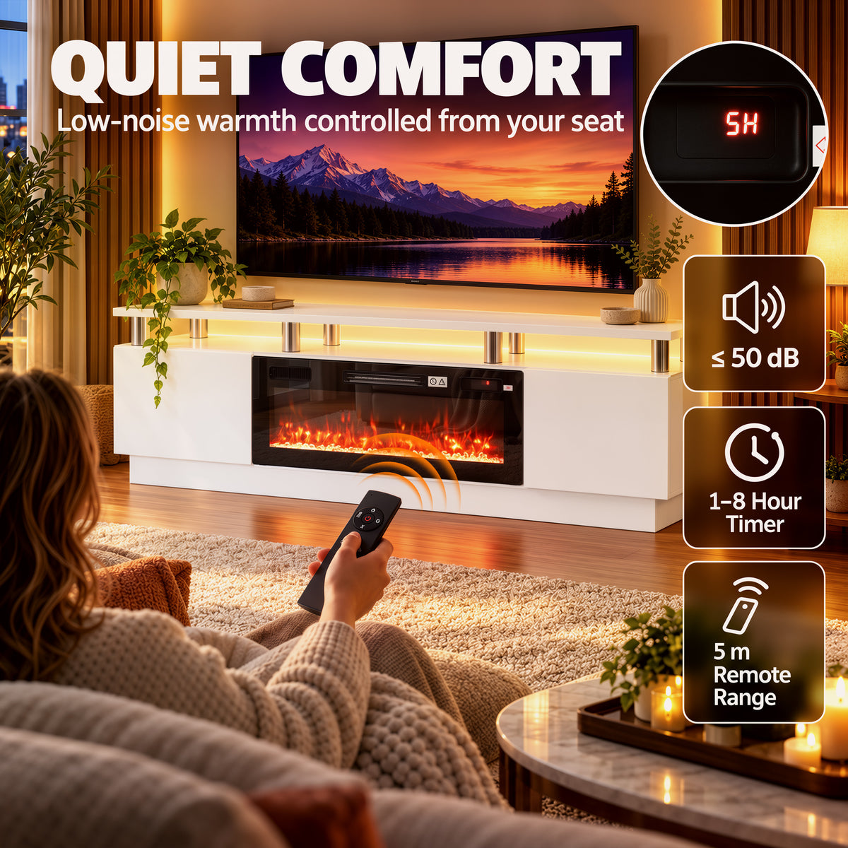 White electric fireplace TV stand with glowing flame window, illuminated shelves, remote control