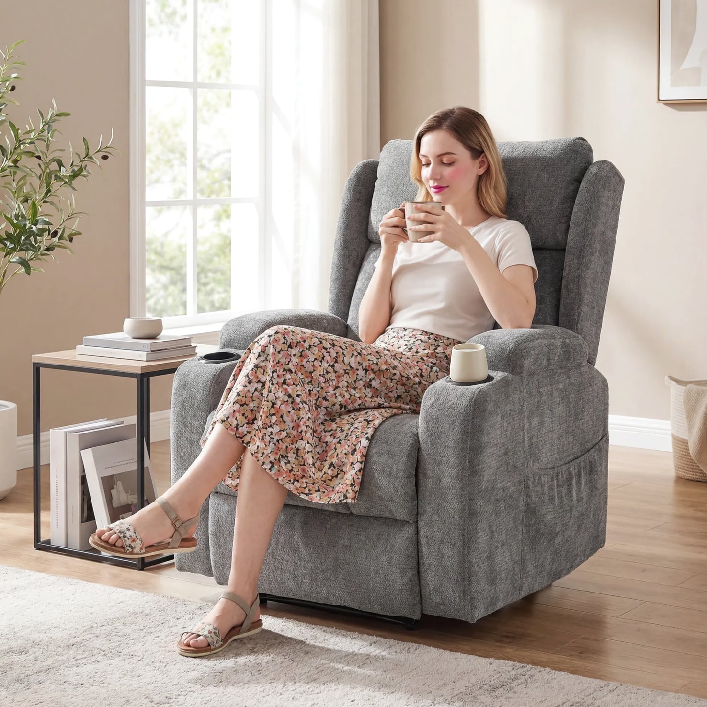 HOMCOM Power Lift Recliner Chair With Vibration Massage And Heat Chenille Riser For Elderly Grey Armchair