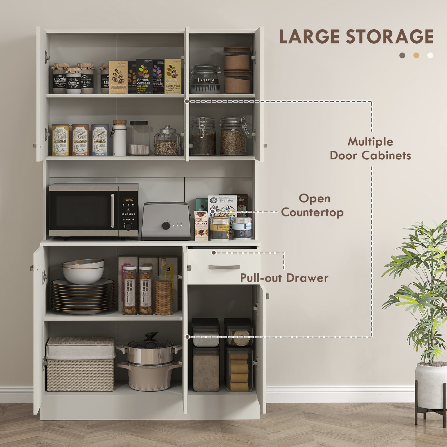 HOMCOM Freestanding Kitchen Pantry Storage Cabinet With Adjustable Shelves And Middle Worktop White