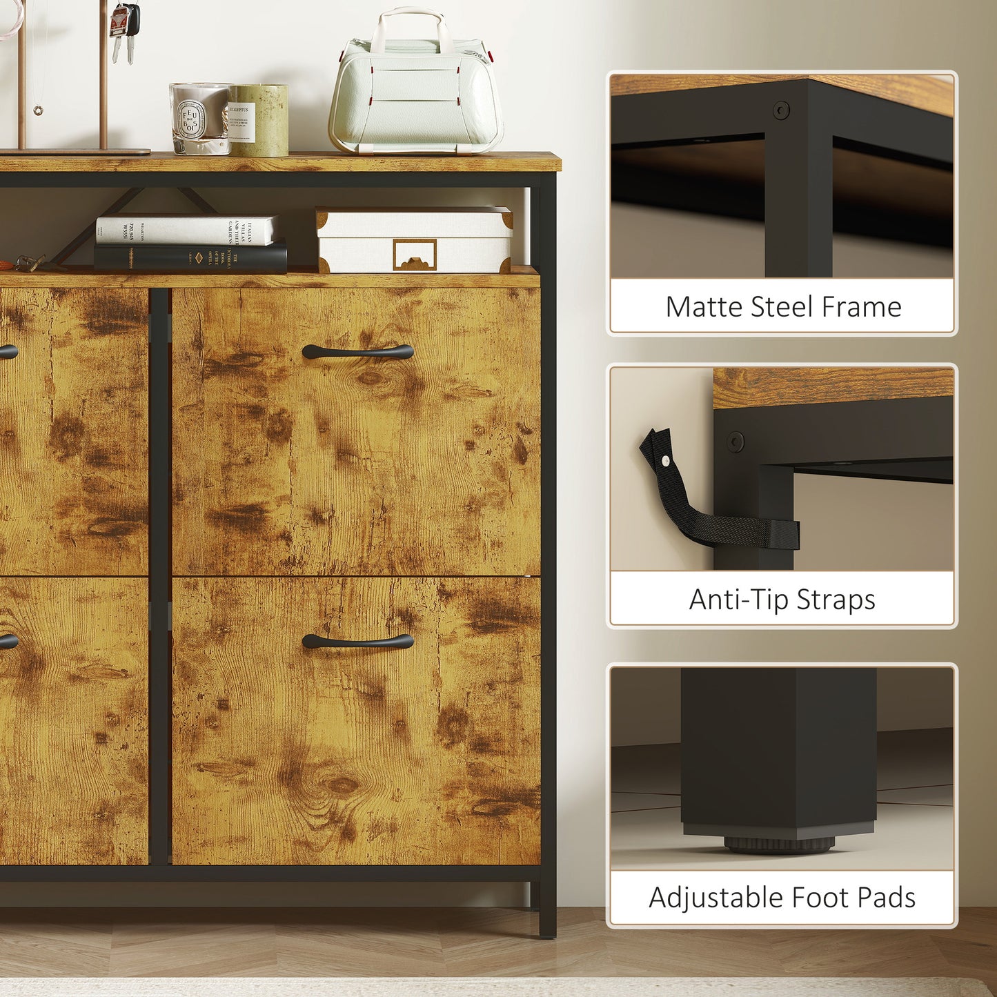 HOMCOM Rustic Brown Shoe Storage Cabinet With 4 Flip Drawers And Open Shelf Industrial Style
