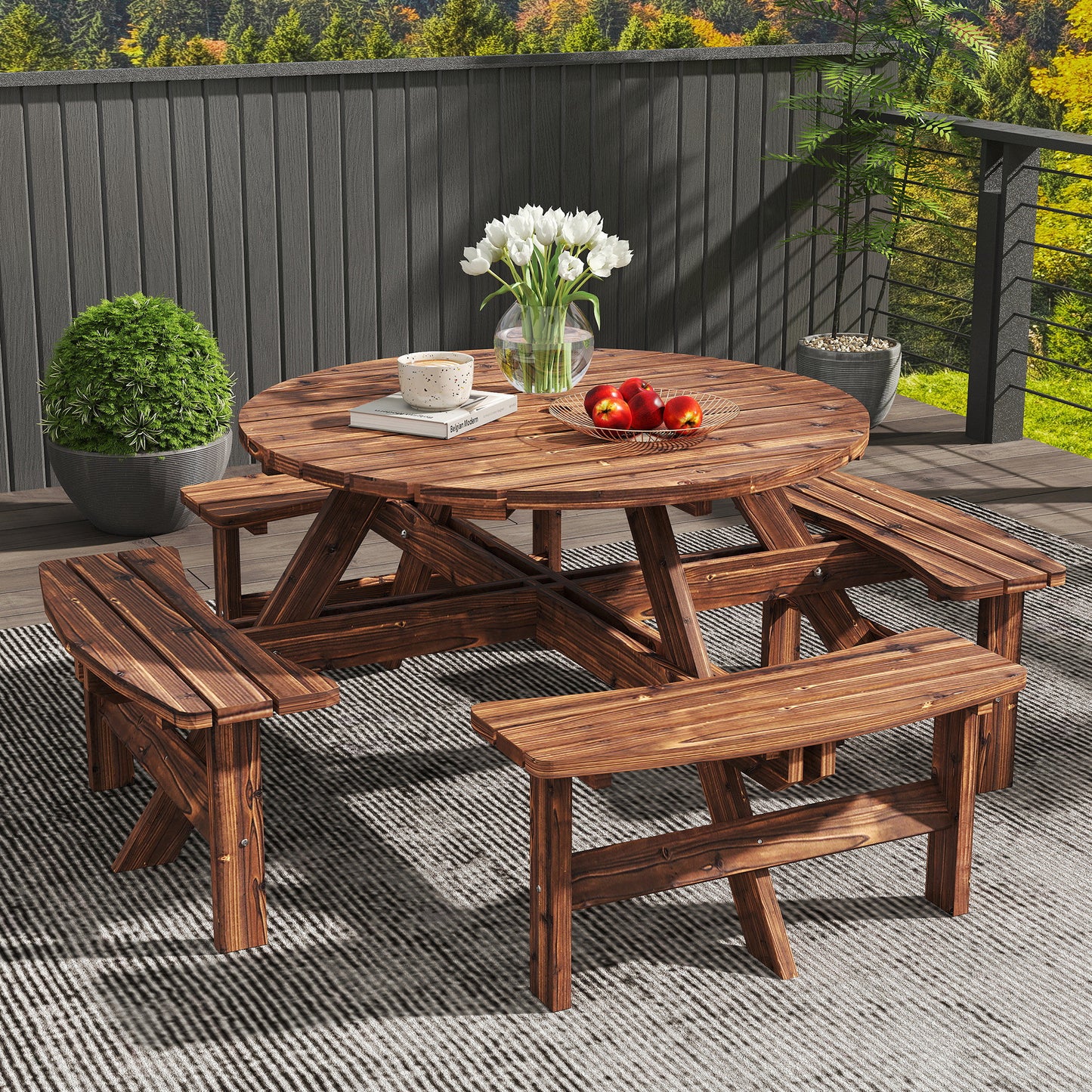 Outsunny Wooden Garden Dining Set 8 Seater Patio Furniture Round Picnic Table With Parasol Hole Tan